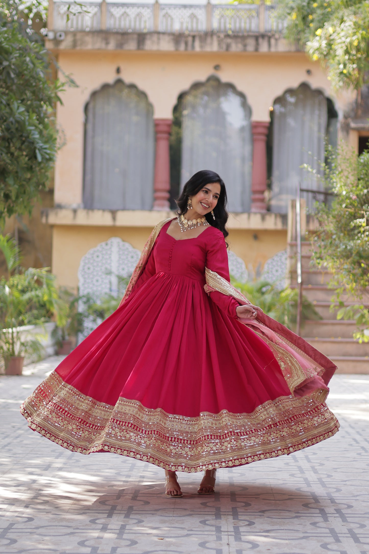 Shimmer Vichitra Gown with Dupatta – Rich Sequins Embroidery & Fancy V-Neck | 2025 Collection