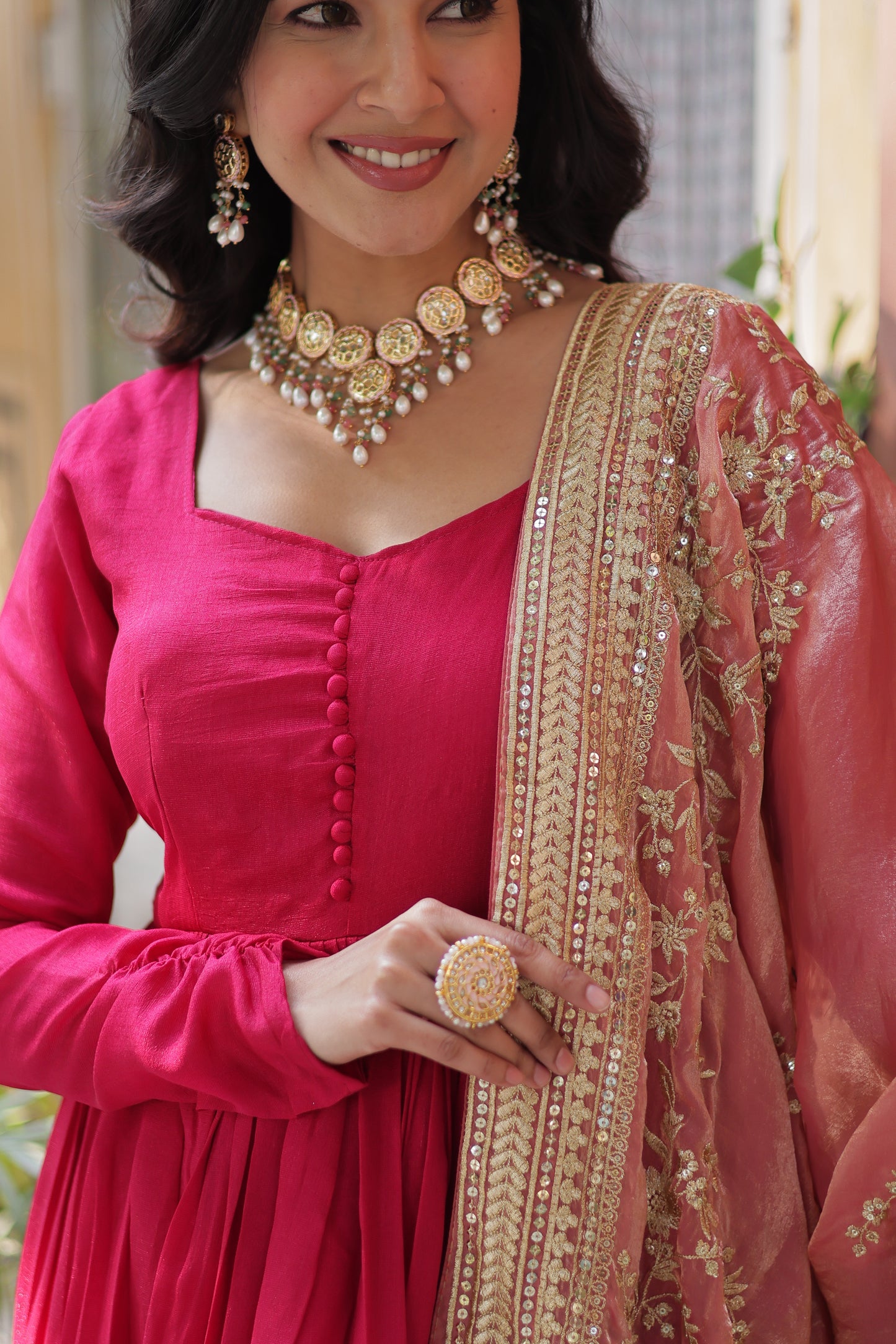 Shimmer Vichitra Gown with Dupatta – Rich Sequins Embroidery & Fancy V-Neck | 2025 Collection