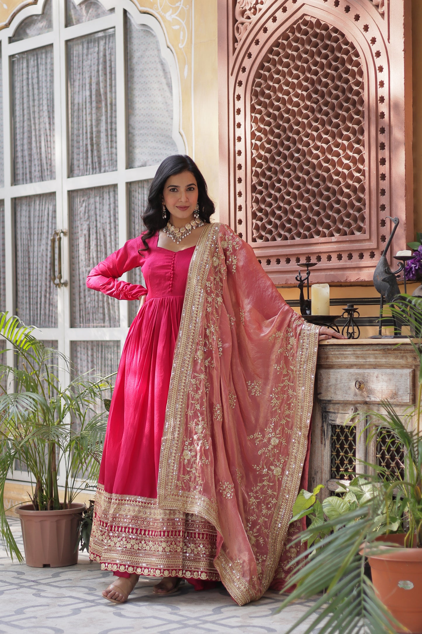 Shimmer Vichitra Gown with Dupatta – Rich Sequins Embroidery & Fancy V-Neck | 2025 Collection