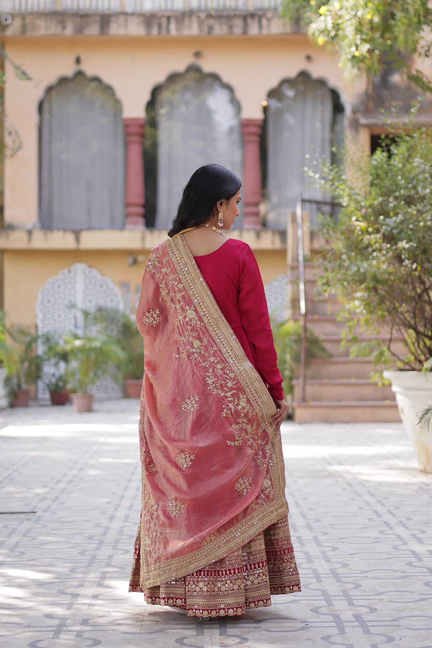 Shimmer Vichitra Gown with Dupatta – Rich Sequins Embroidery & Fancy V-Neck | 2025 Collection