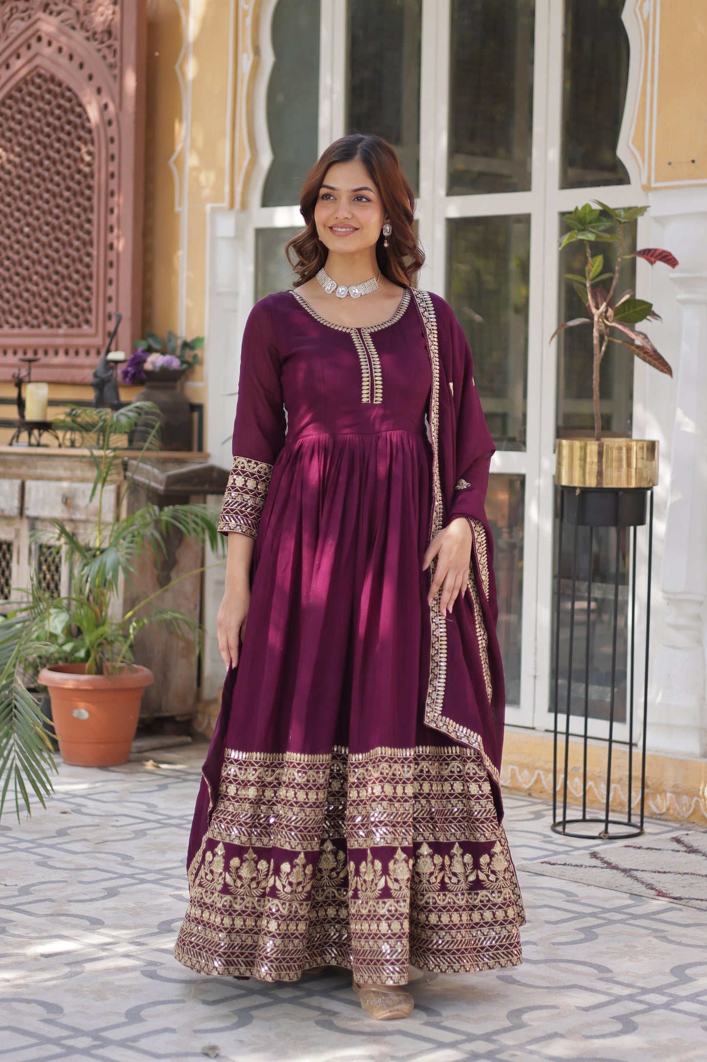 Premium Designer Readymade Gown with Dupatta – Shimmer Vichitra & Sequins Embroidery