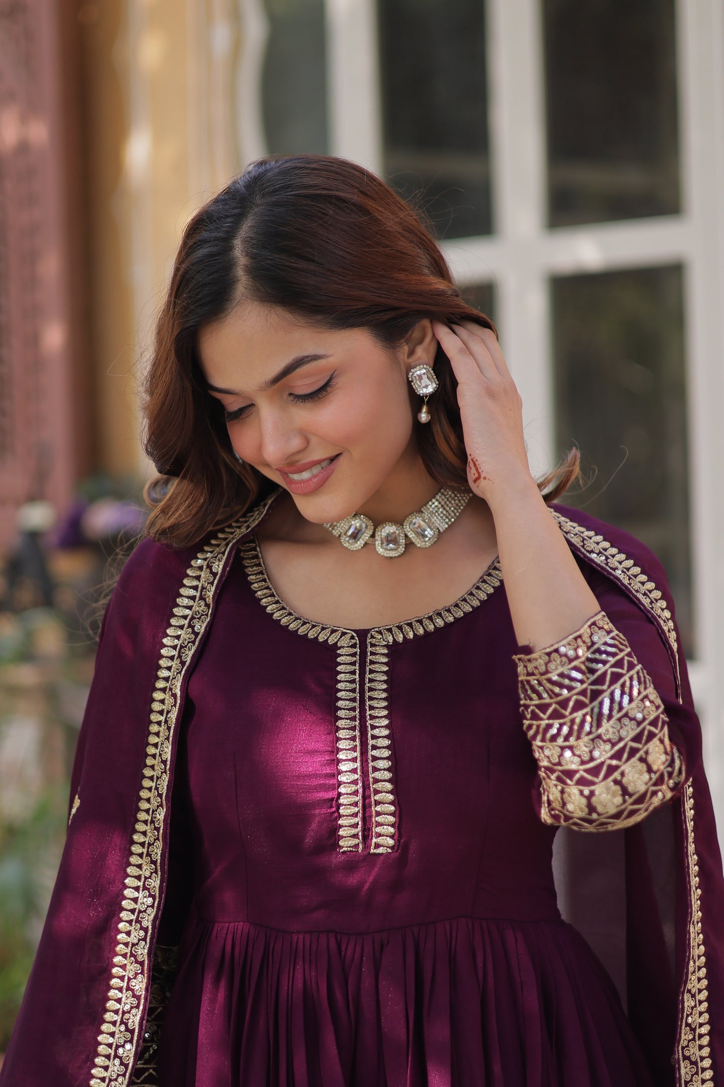Premium Designer Readymade Gown with Dupatta – Shimmer Vichitra & Sequins Embroidery