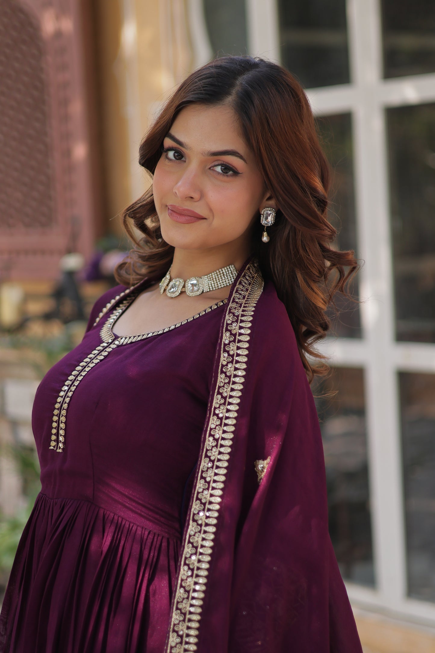 Premium Designer Readymade Gown with Dupatta – Shimmer Vichitra & Sequins Embroidery