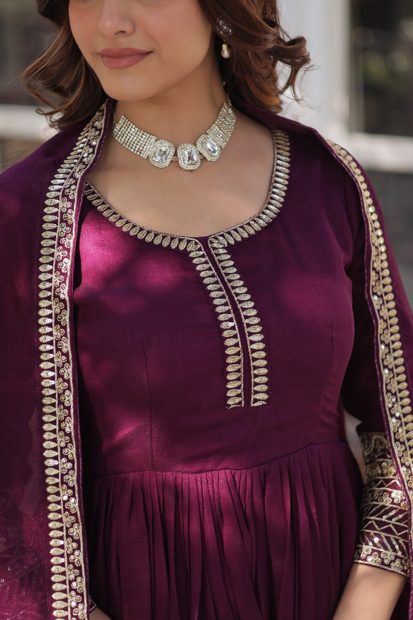 Premium Designer Readymade Gown with Dupatta – Shimmer Vichitra & Sequins Embroidery