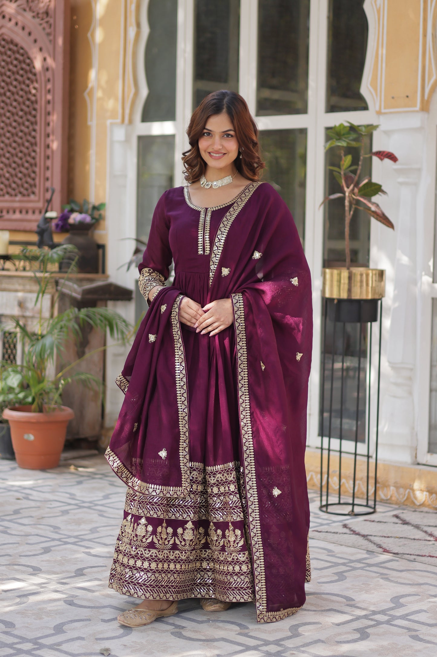 Premium Designer Readymade Gown with Dupatta – Shimmer Vichitra & Sequins Embroidery