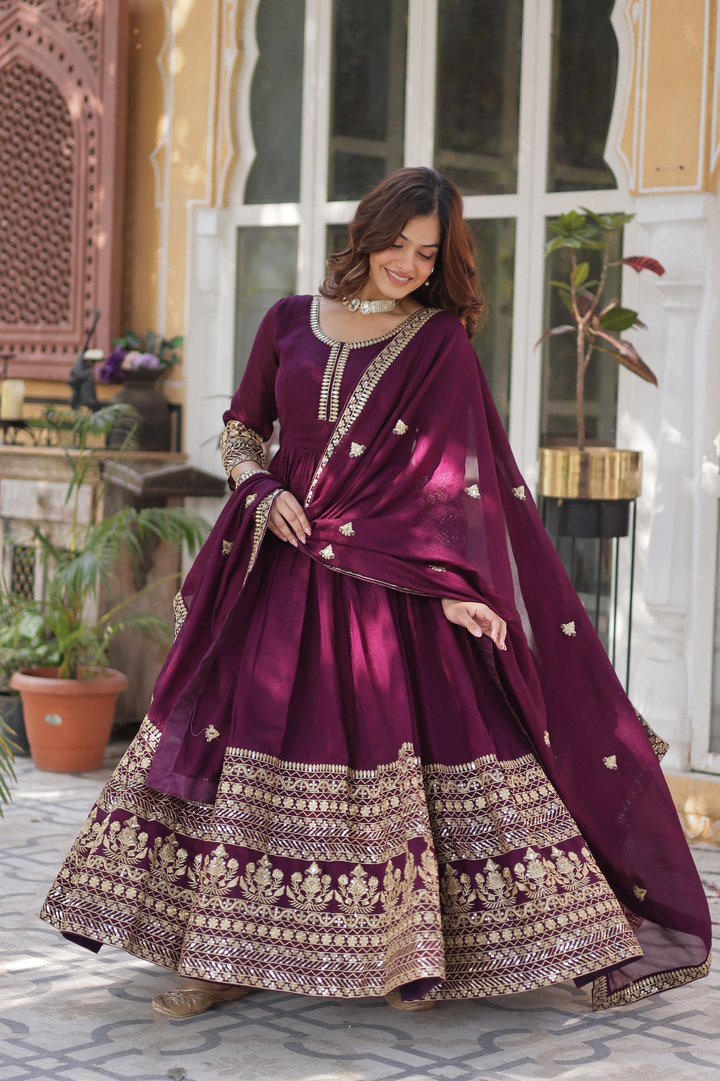 Premium Designer Readymade Gown with Dupatta – Shimmer Vichitra & Sequins Embroidery
