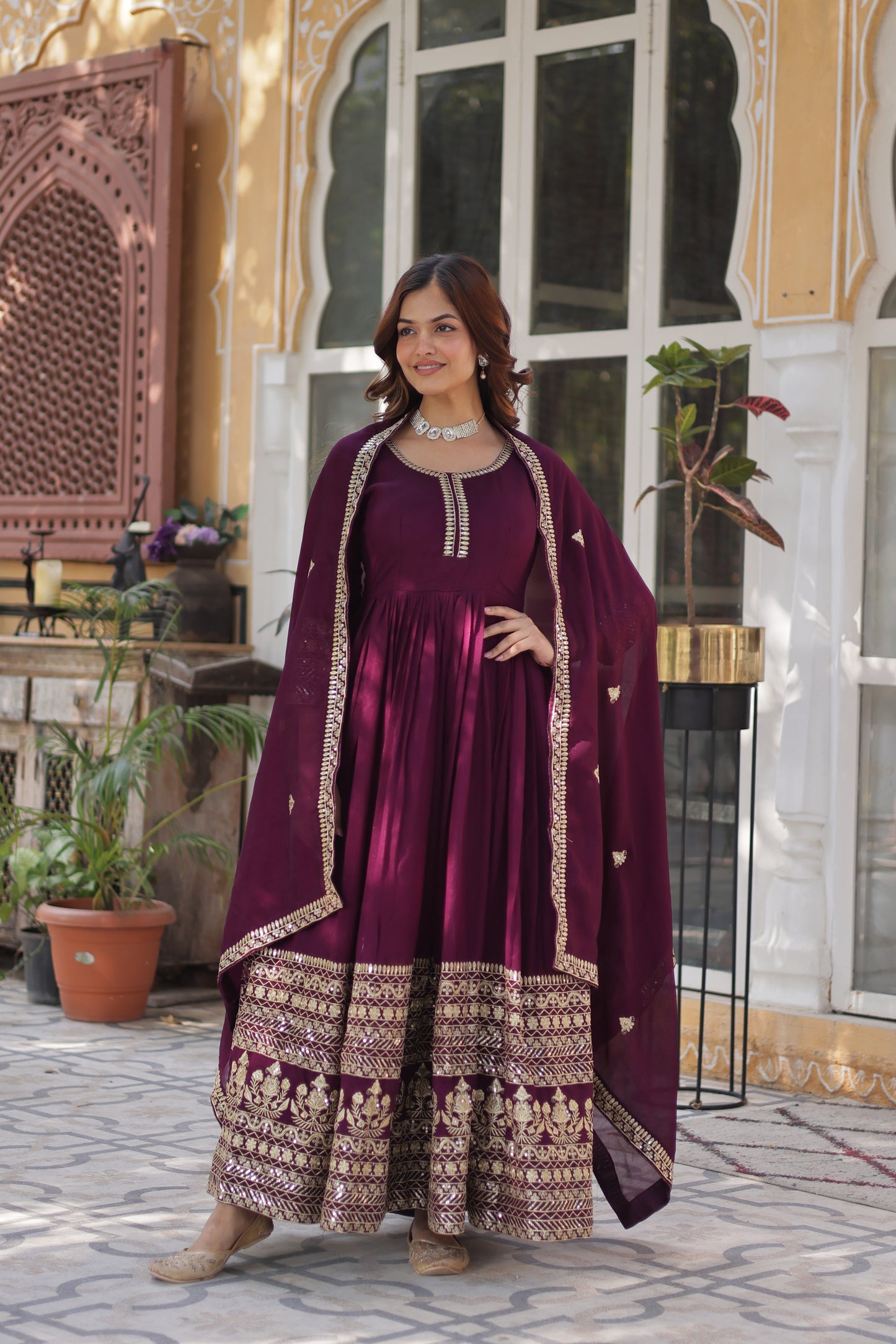 Premium Designer Readymade Gown with Dupatta – Shimmer Vichitra & Sequins Embroidery