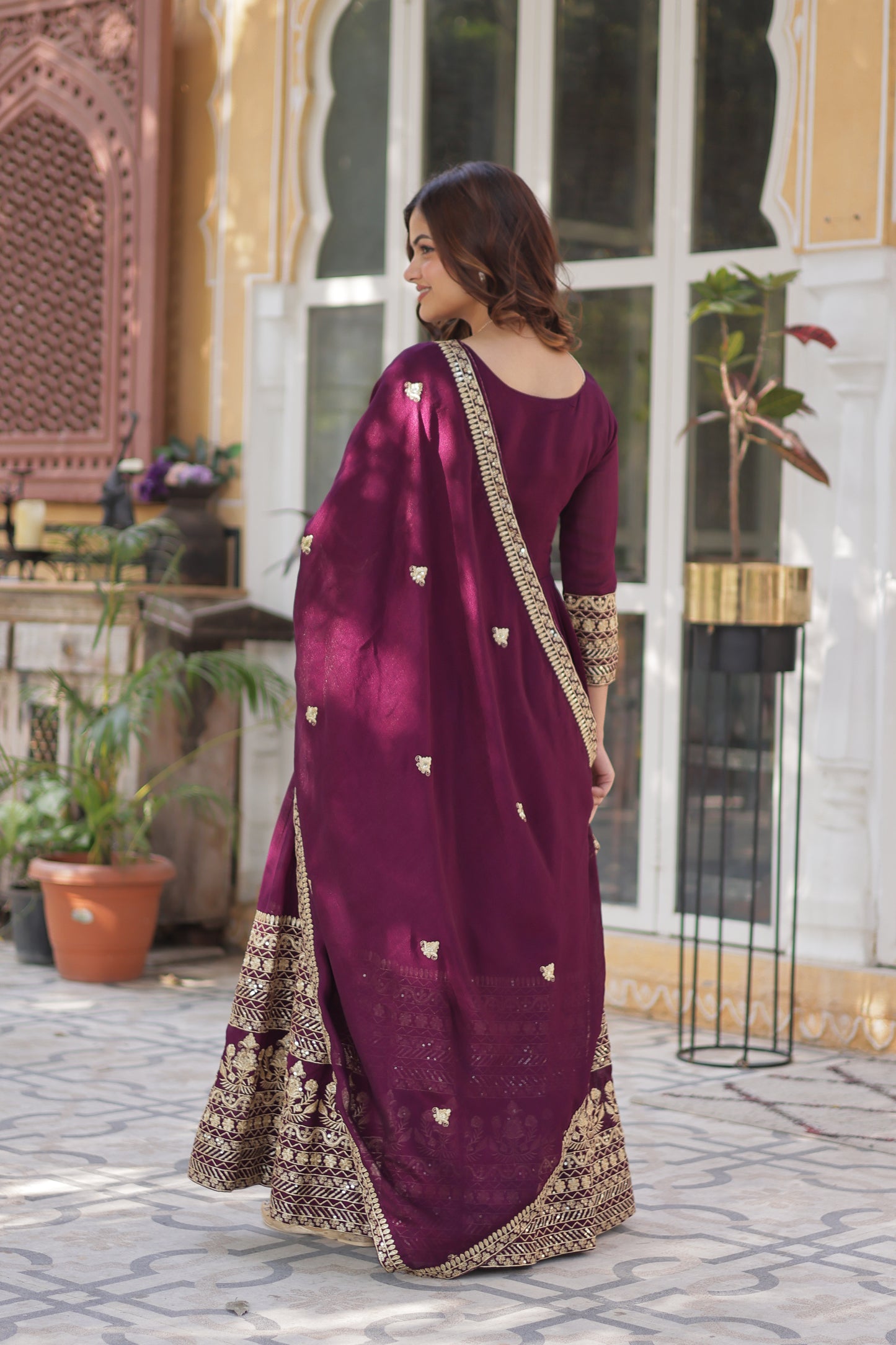 Premium Designer Readymade Gown with Dupatta – Shimmer Vichitra & Sequins Embroidery