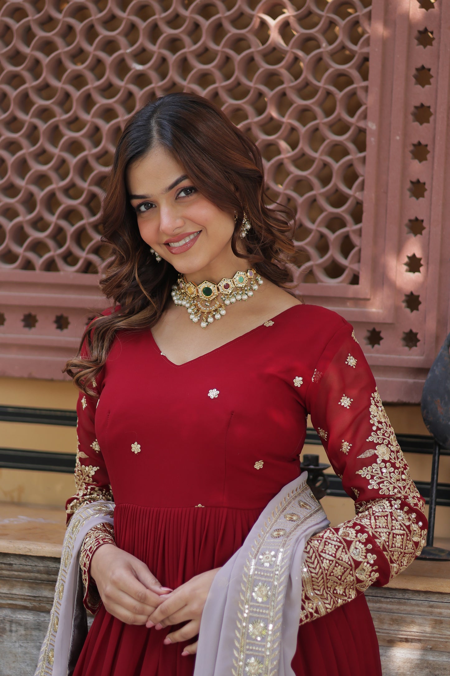 Premium Designer Readymade Gown with Dupatta – Faux Blooming with Zari & Sequins Embroidery
