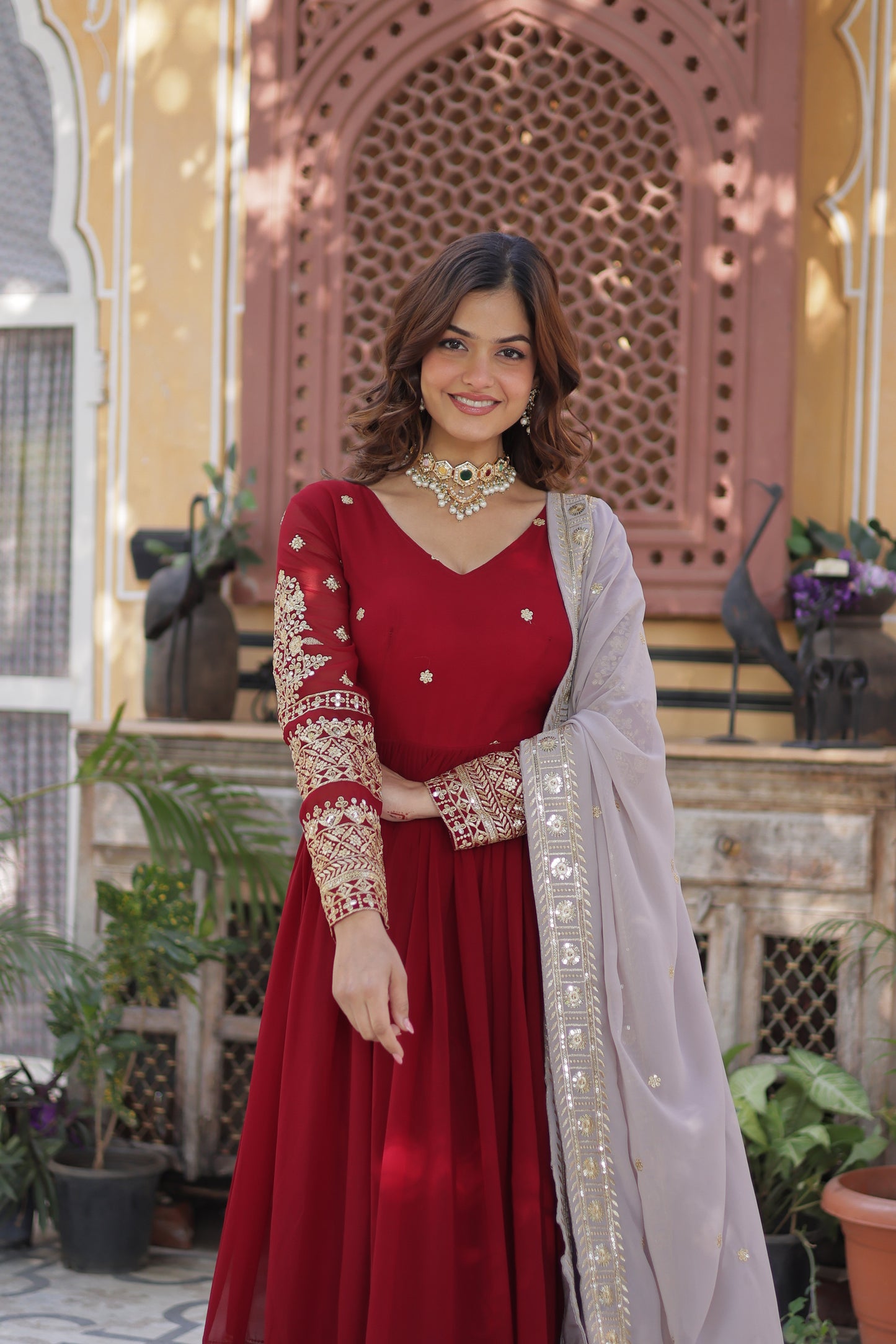 Premium Designer Readymade Gown with Dupatta – Faux Blooming with Zari & Sequins Embroidery