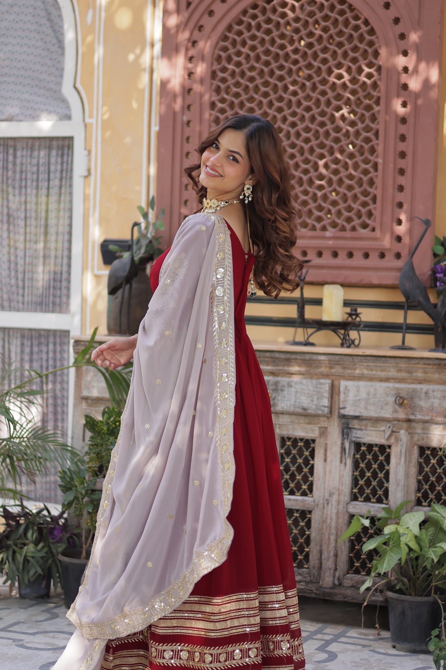 Premium Designer Readymade Gown with Dupatta – Faux Blooming with Zari & Sequins Embroidery