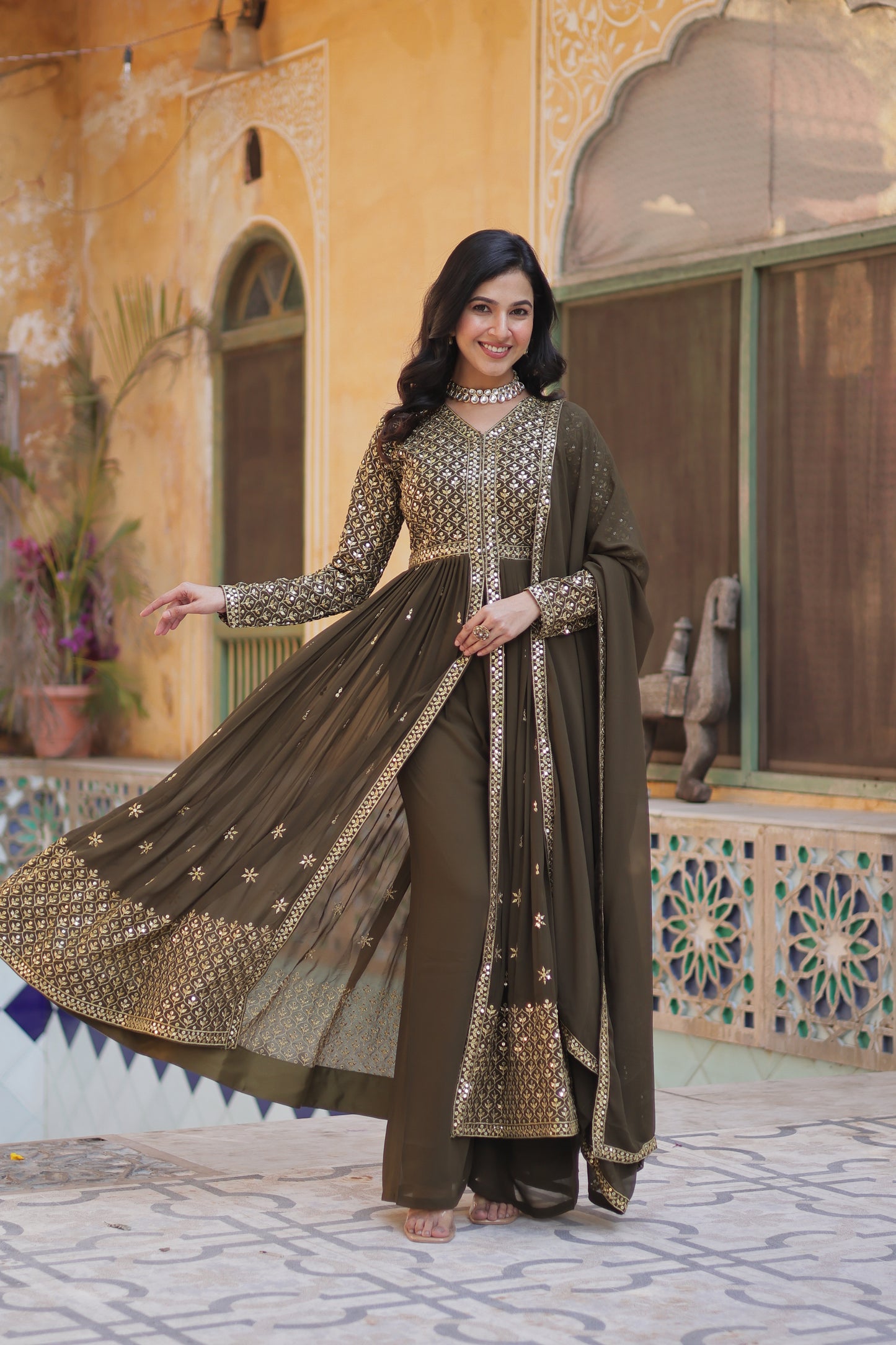 Premium Readymade Kurti with Pant & Dupatta Set – Faux Georgette with Embroidery & Sequins Work