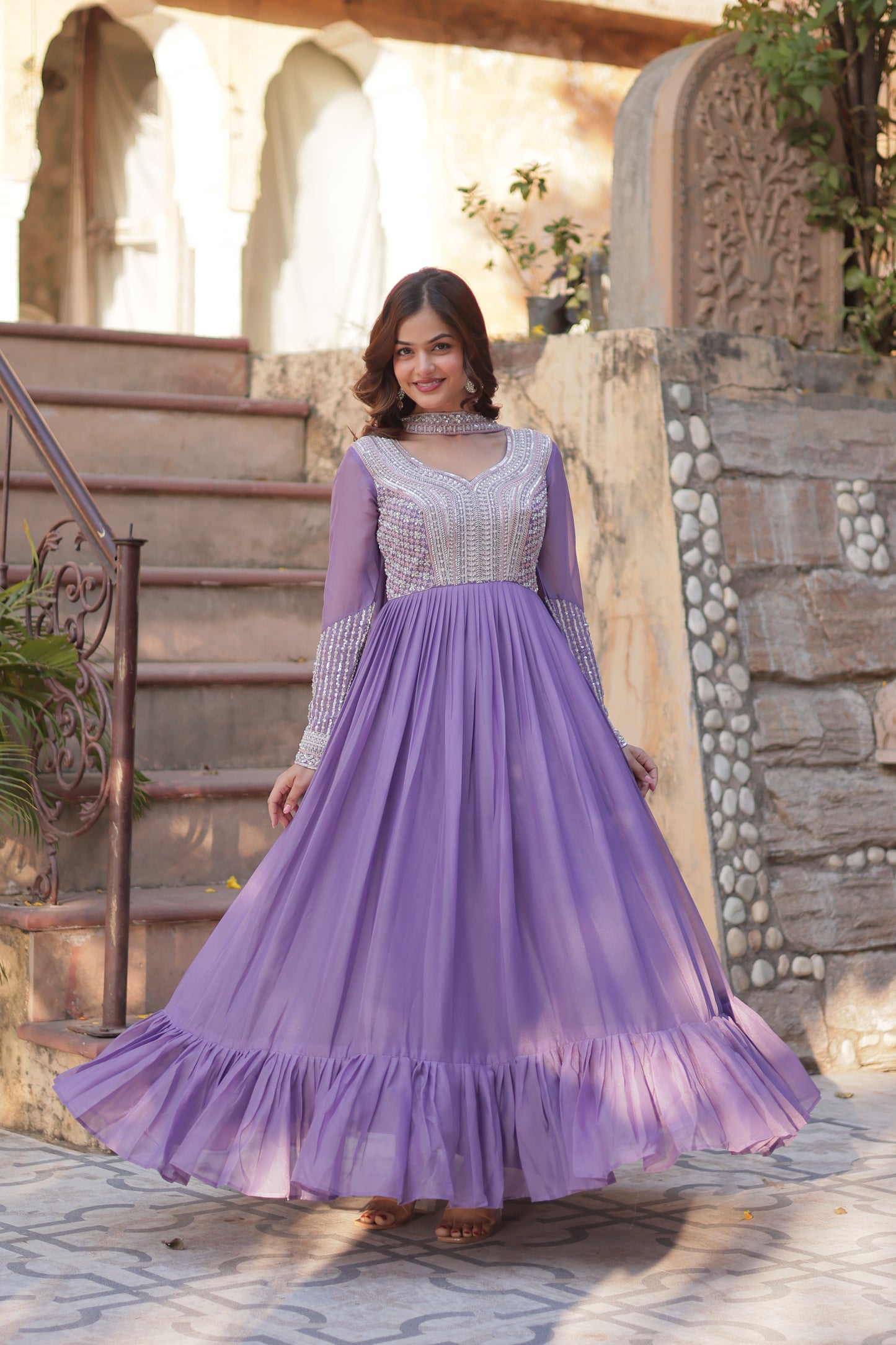 Premium Designer Readymade Gown with Dupatta – Star Georgette with Beads & Sequins Embroidery