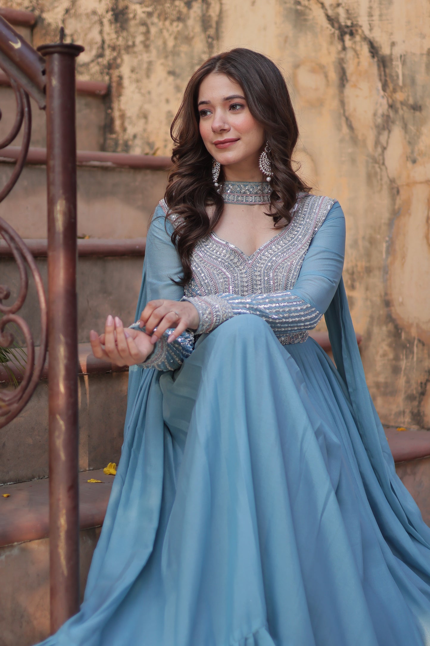 Premium Designer Readymade Gown with Dupatta – Star Georgette with Beads & Sequins Embroidery