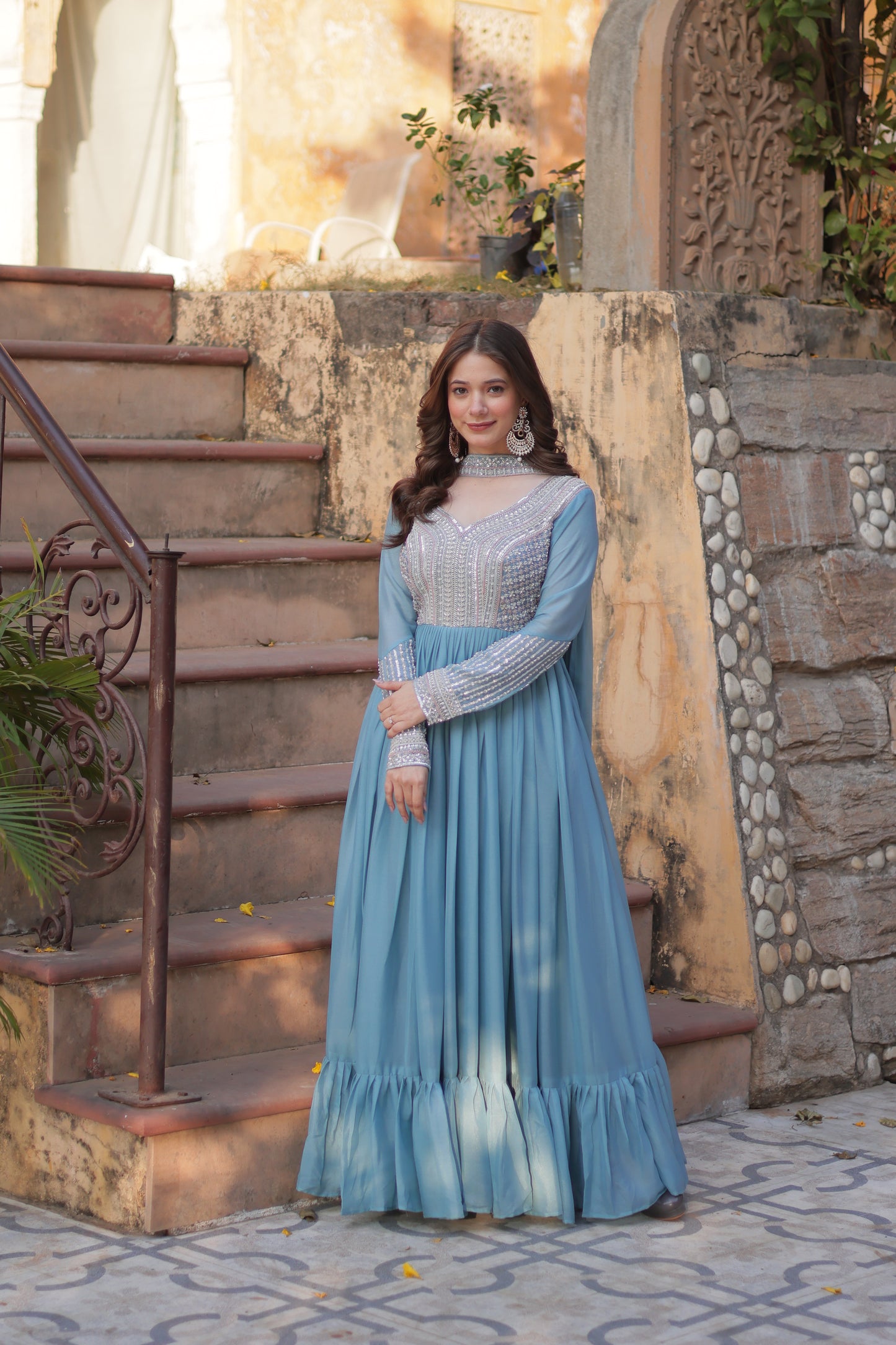 Premium Designer Readymade Gown with Dupatta – Star Georgette with Beads & Sequins Embroidery