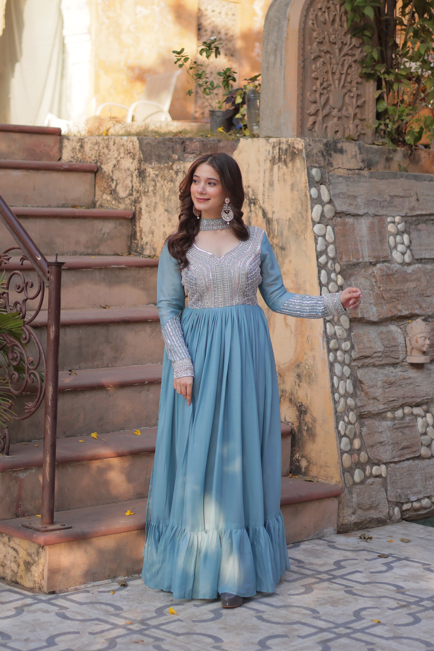 Premium Designer Readymade Gown with Dupatta – Star Georgette with Beads & Sequins Embroidery