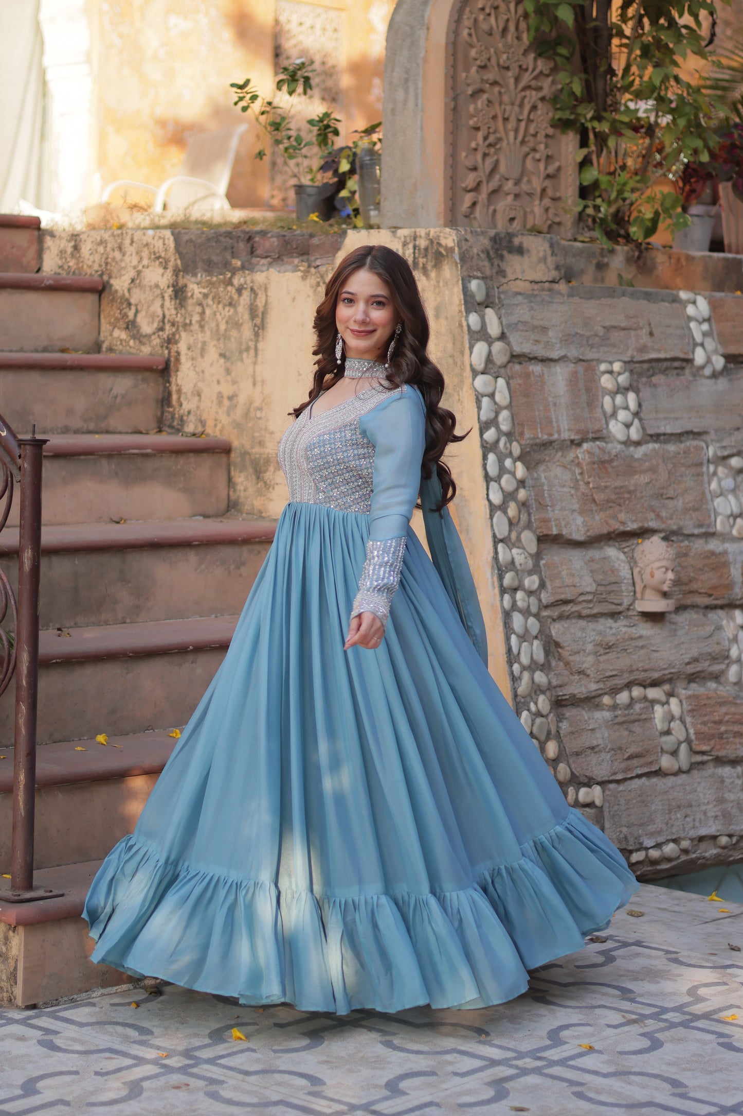 Premium Designer Readymade Gown with Dupatta – Star Georgette with Beads & Sequins Embroidery