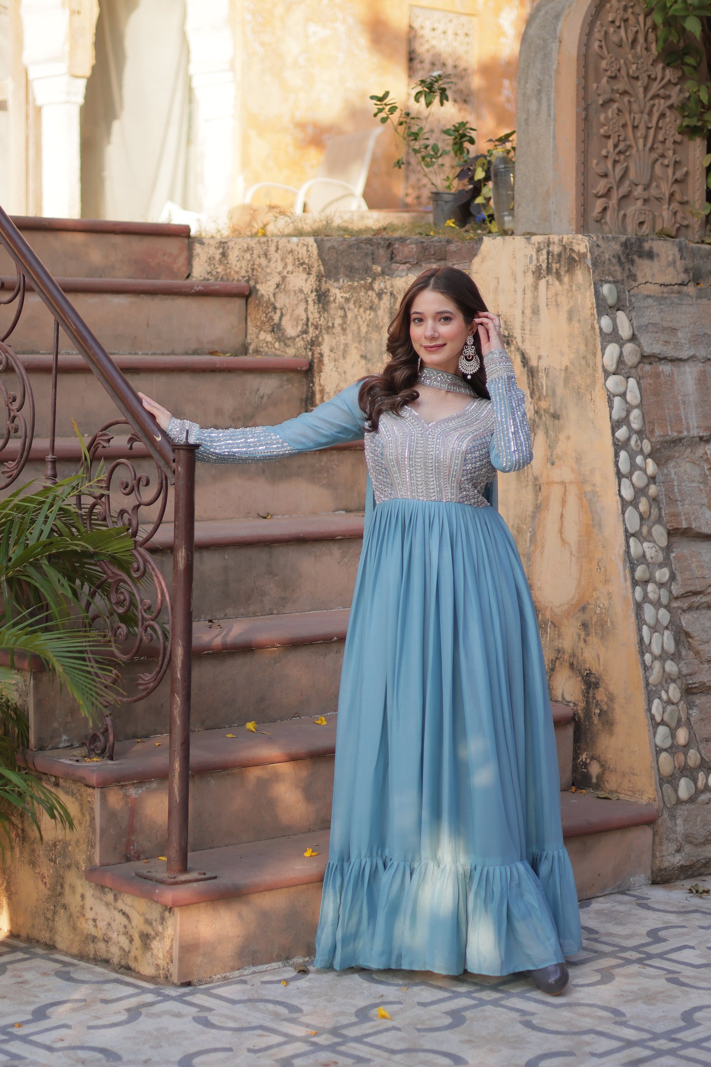 Premium Designer Readymade Gown with Dupatta – Star Georgette with Beads & Sequins Embroidery