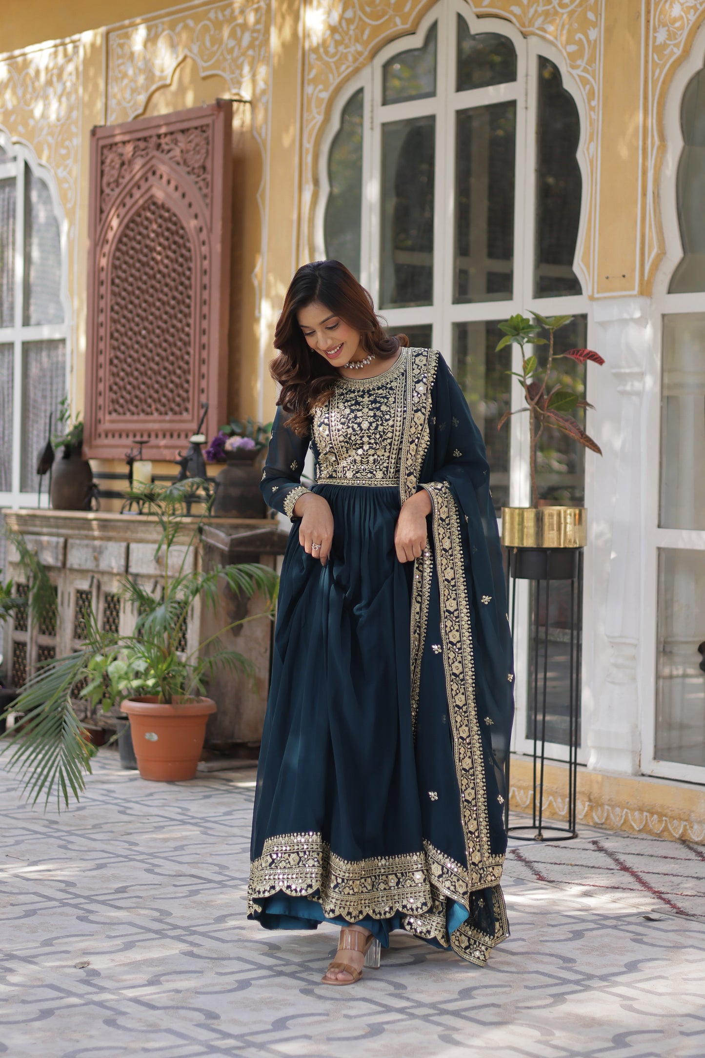 Premium Readymade Faux Blooming Gown with Zari & Sequins Embroidery + Designer Dupatta