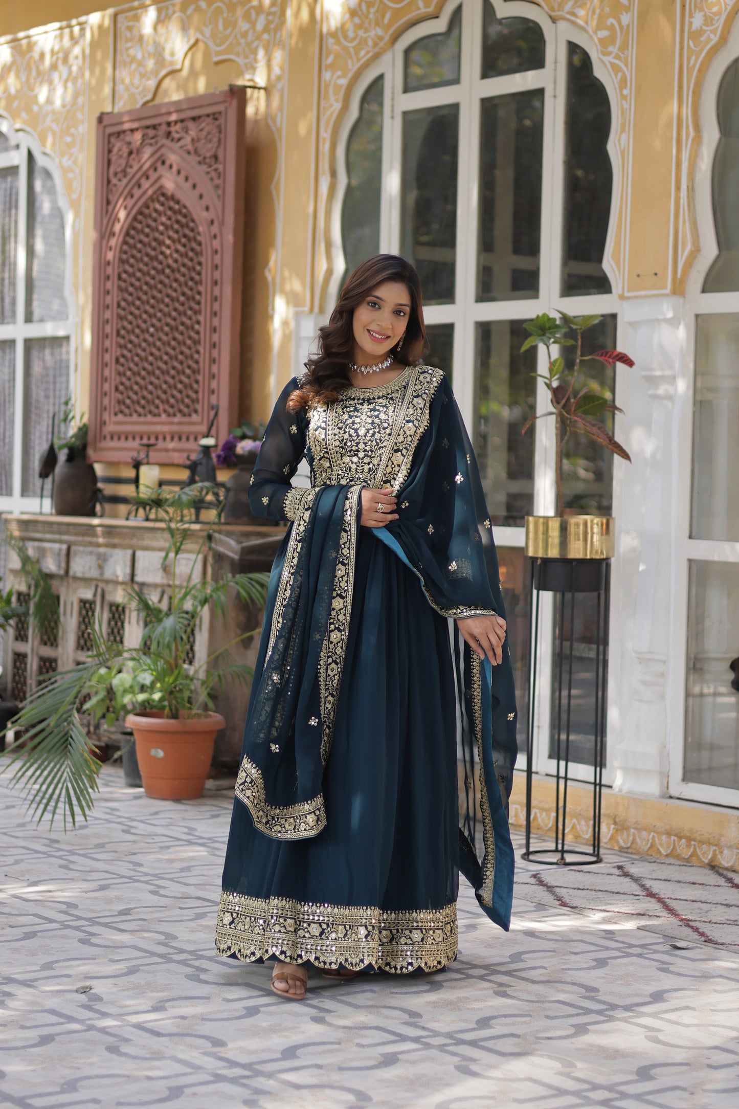 Premium Readymade Faux Blooming Gown with Zari & Sequins Embroidery + Designer Dupatta