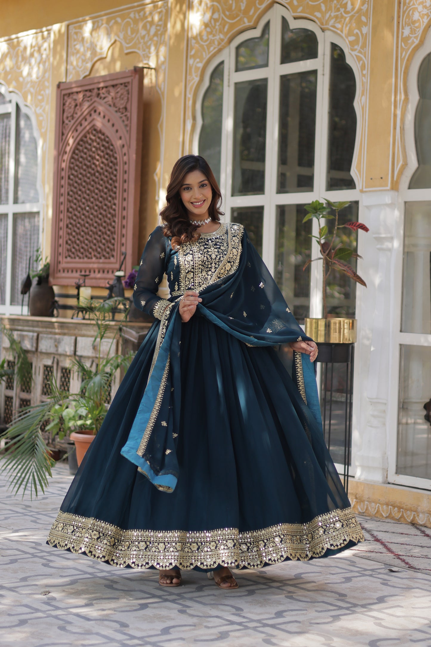 Premium Readymade Faux Blooming Gown with Zari & Sequins Embroidery + Designer Dupatta