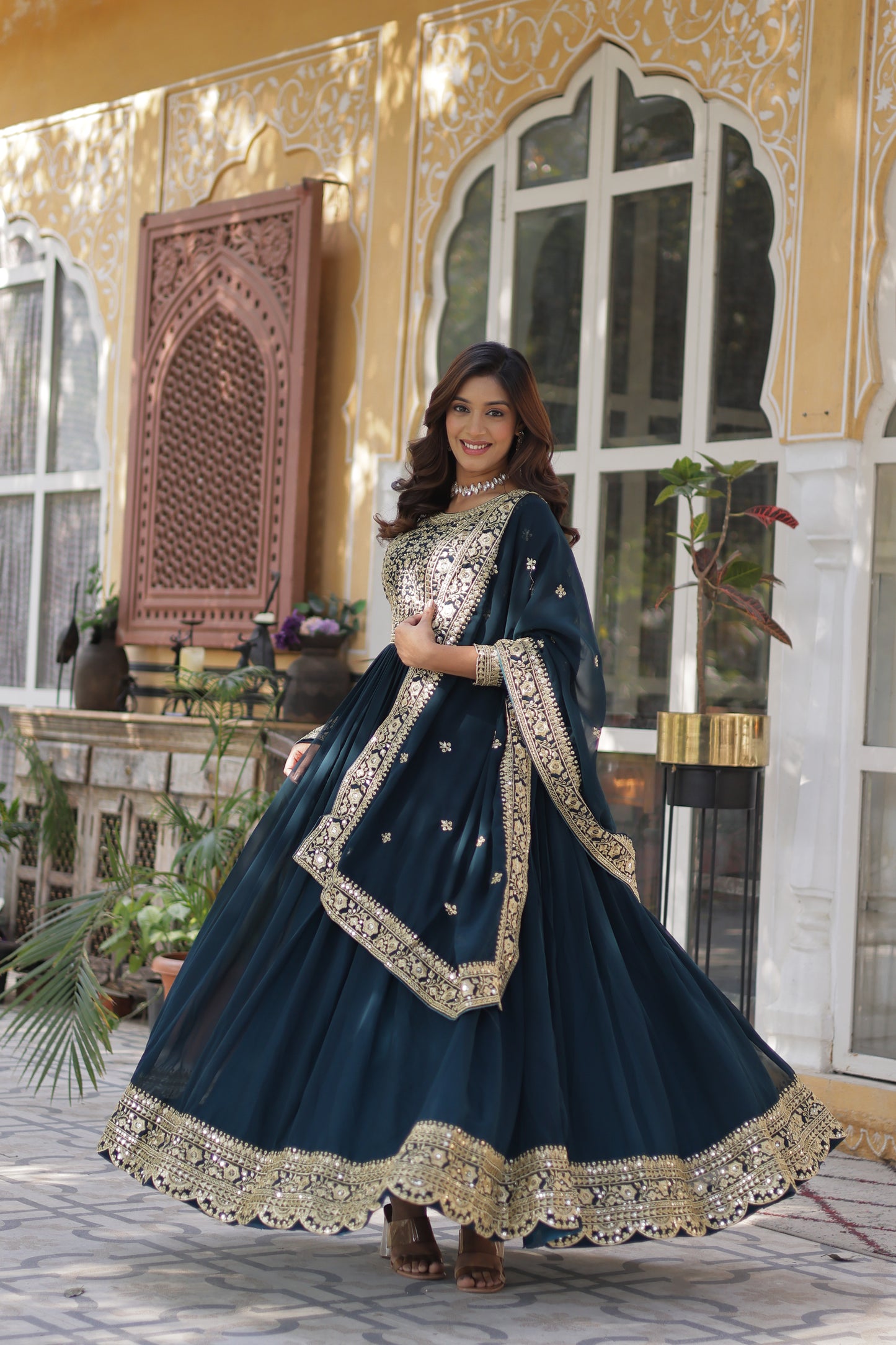 Premium Readymade Faux Blooming Gown with Zari & Sequins Embroidery + Designer Dupatta
