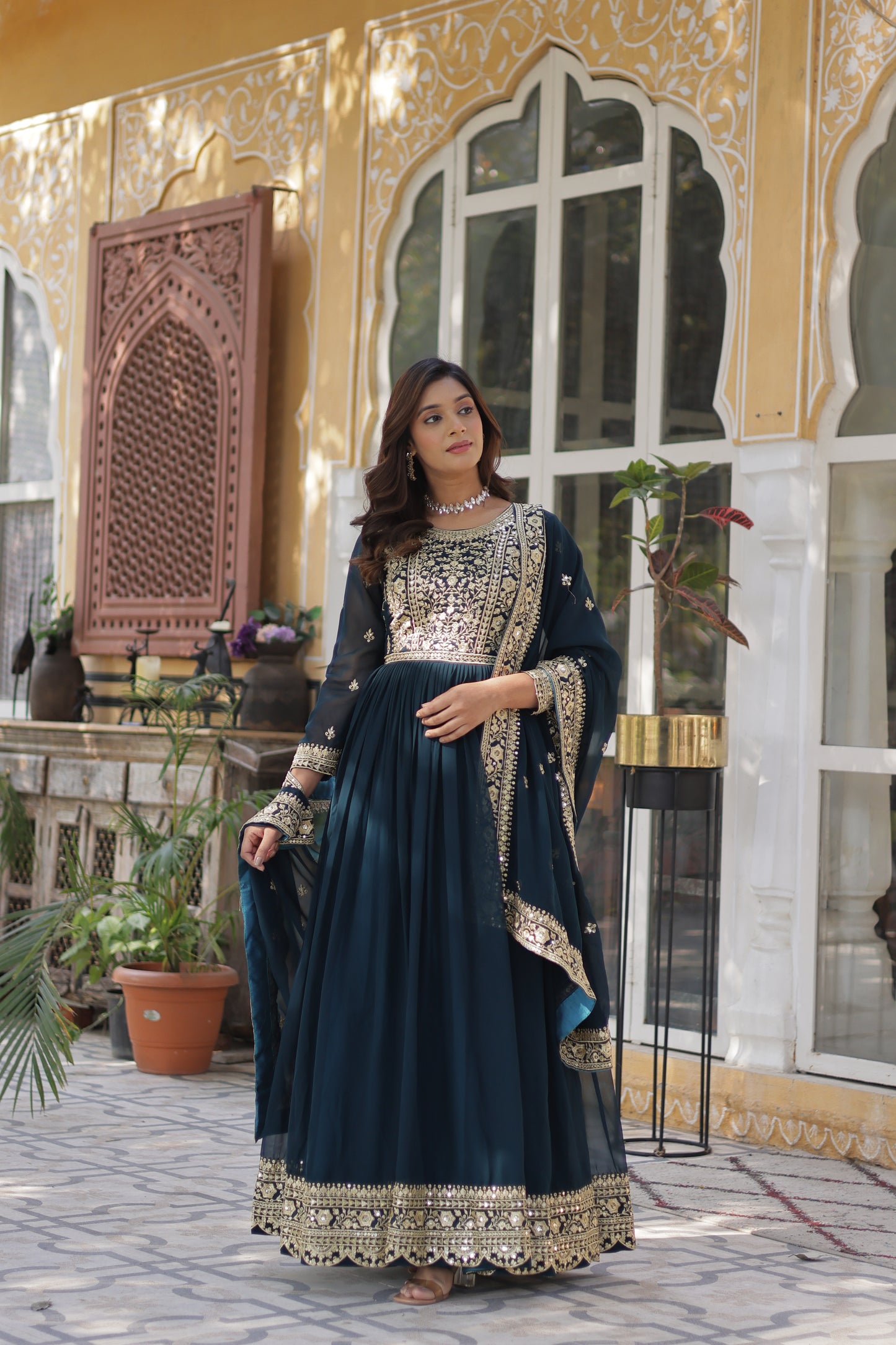 Premium Readymade Faux Blooming Gown with Zari & Sequins Embroidery + Designer Dupatta