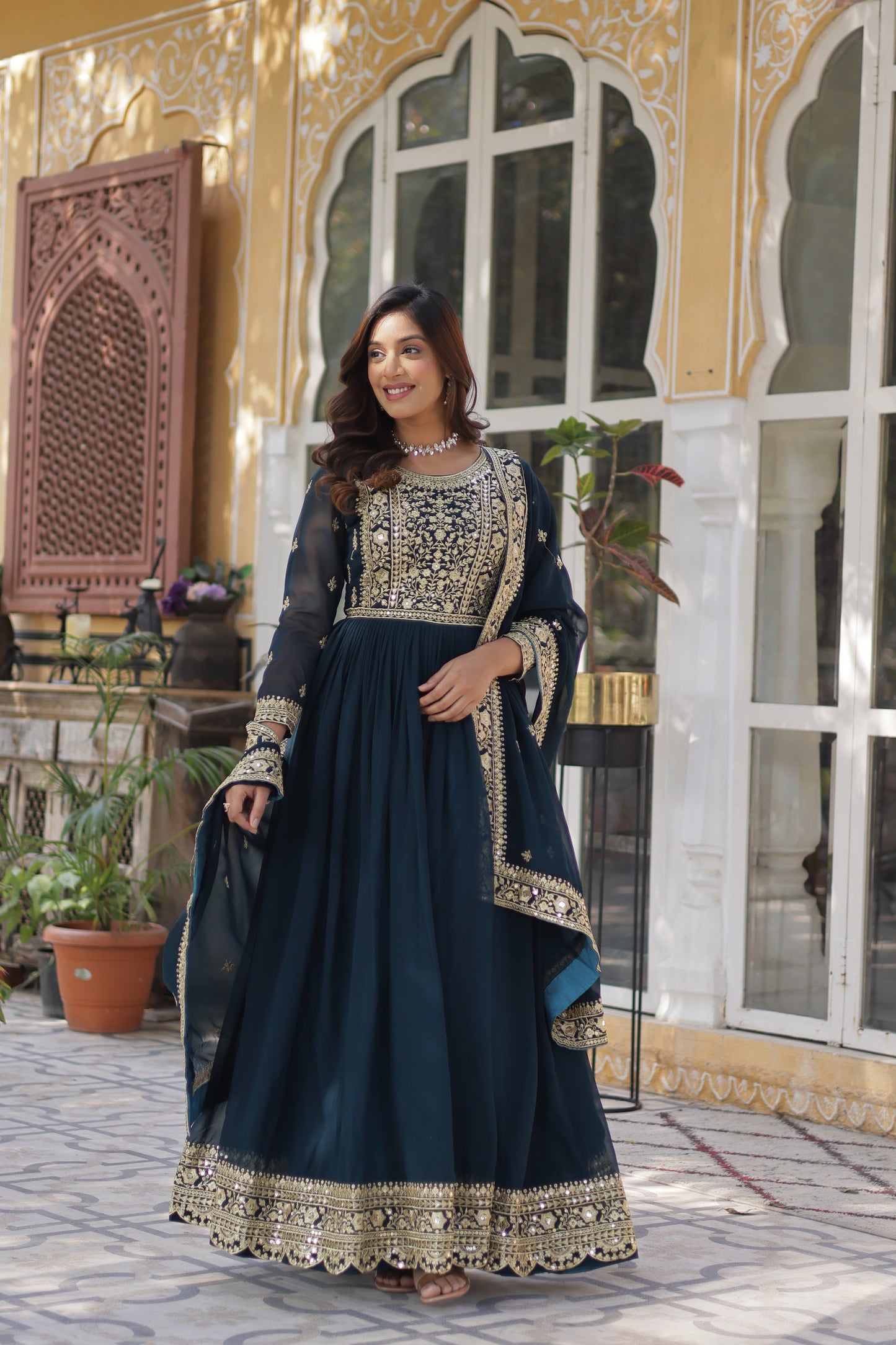 Premium Readymade Faux Blooming Gown with Zari & Sequins Embroidery + Designer Dupatta