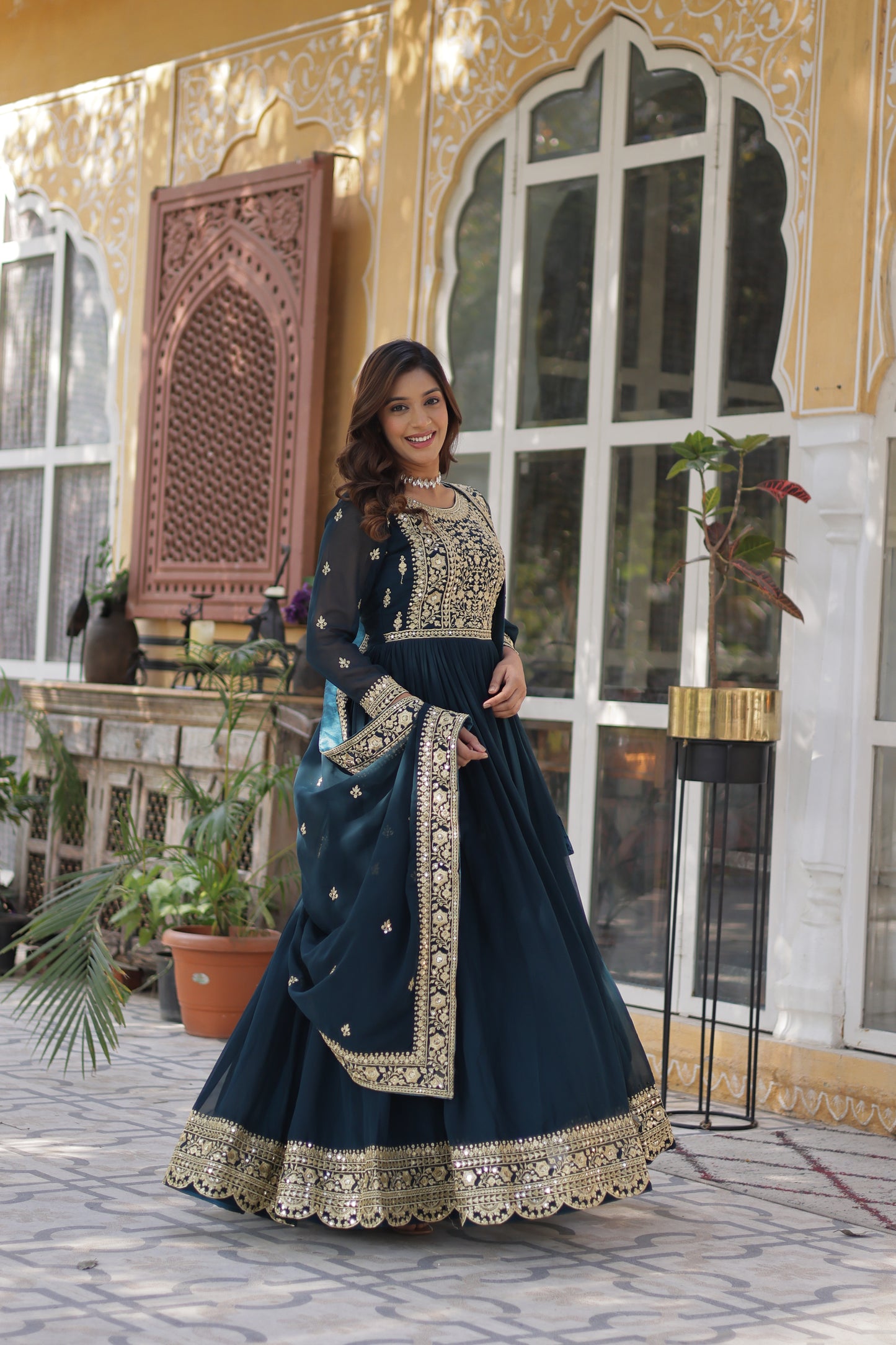 Premium Readymade Faux Blooming Gown with Zari & Sequins Embroidery + Designer Dupatta