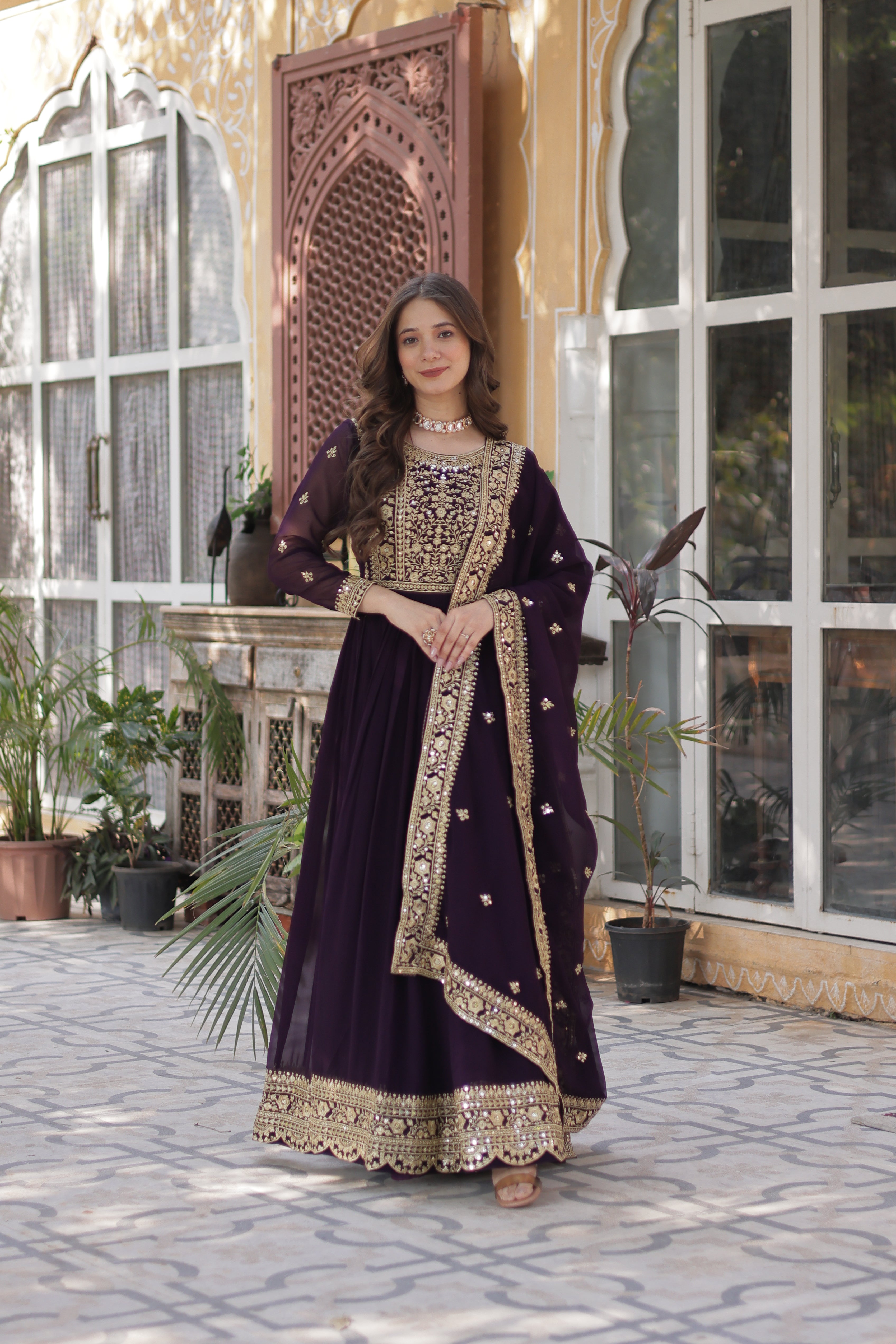 Premium Readymade Faux Blooming Gown with Zari & Sequins Embroidery + Designer Dupatta