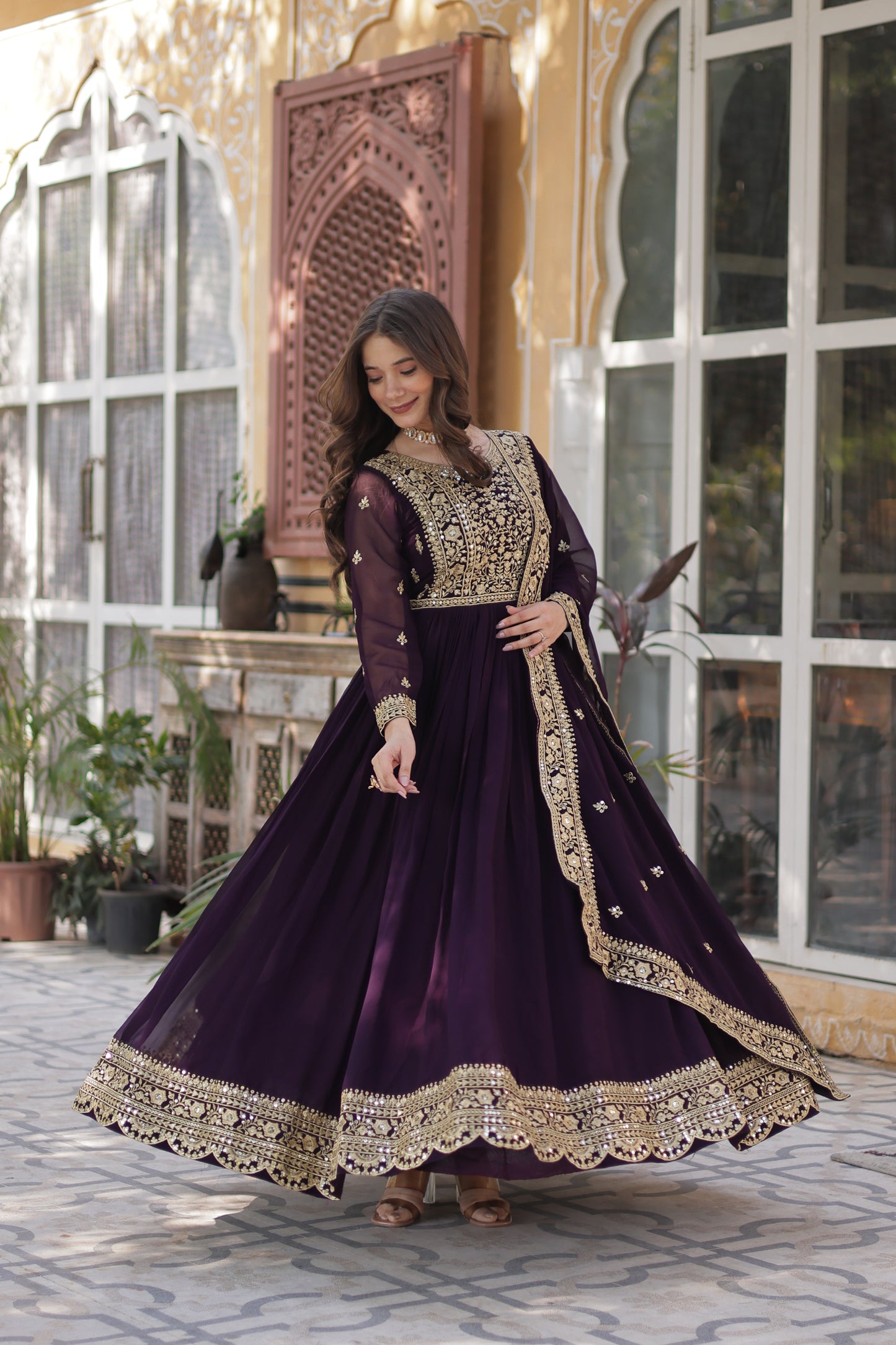 Premium Readymade Faux Blooming Gown with Zari & Sequins Embroidery + Designer Dupatta