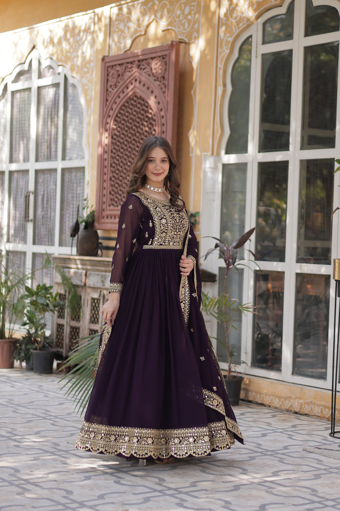 Premium Readymade Faux Blooming Gown with Zari & Sequins Embroidery + Designer Dupatta