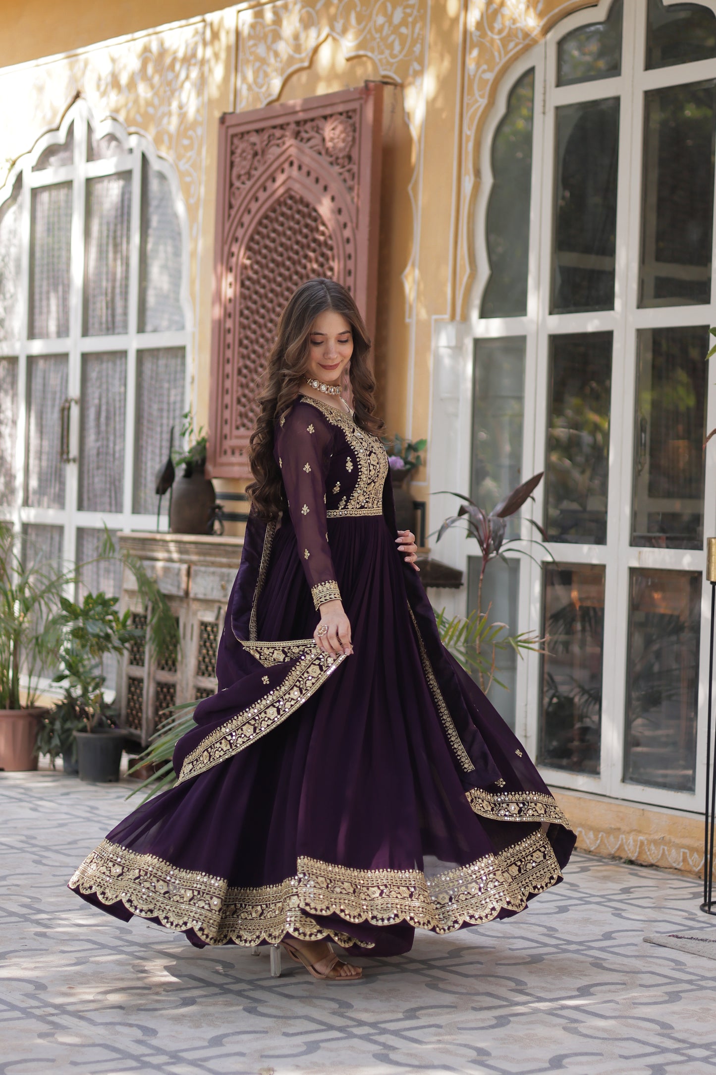 Premium Readymade Faux Blooming Gown with Zari & Sequins Embroidery + Designer Dupatta