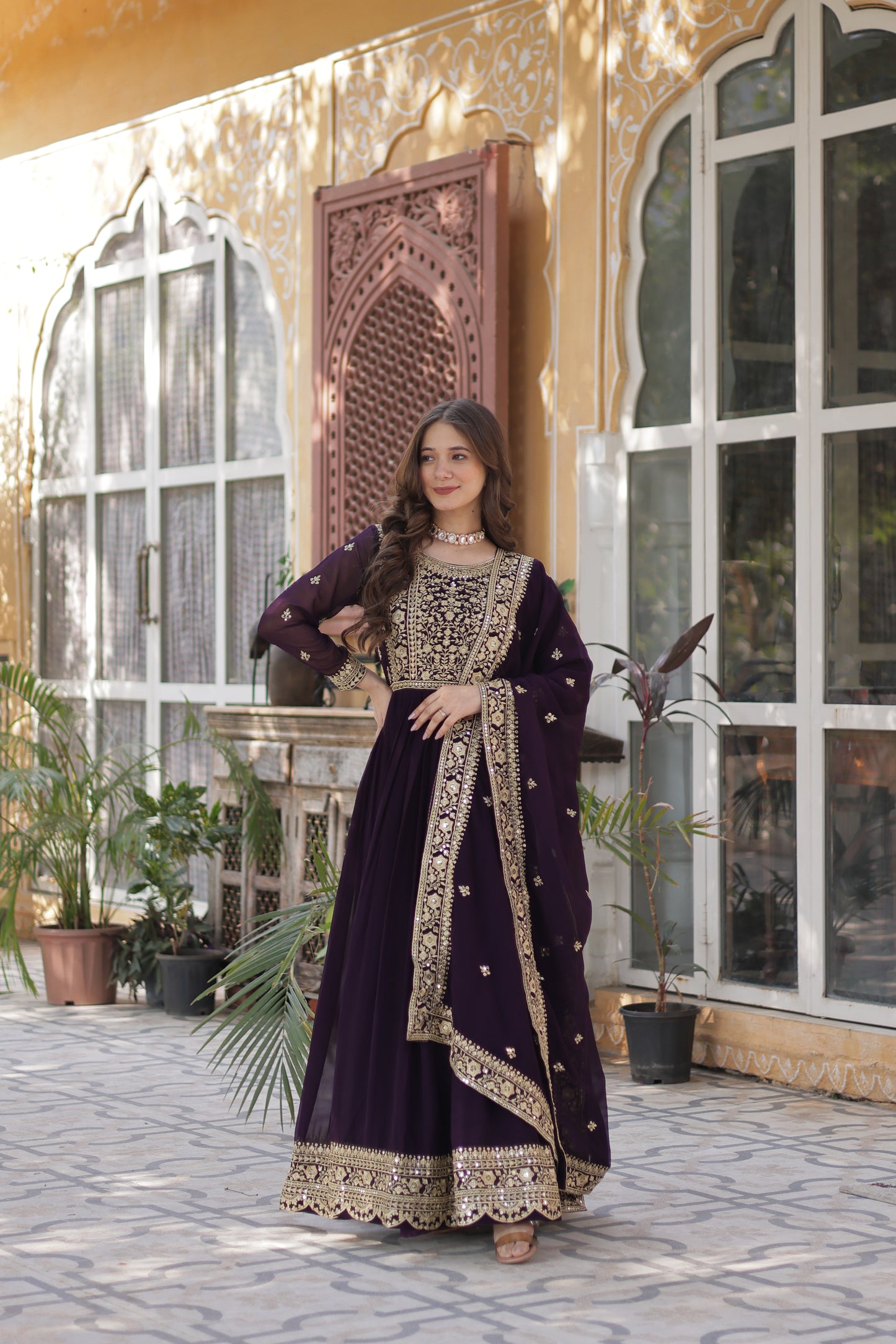 Premium Readymade Faux Blooming Gown with Zari & Sequins Embroidery + Designer Dupatta
