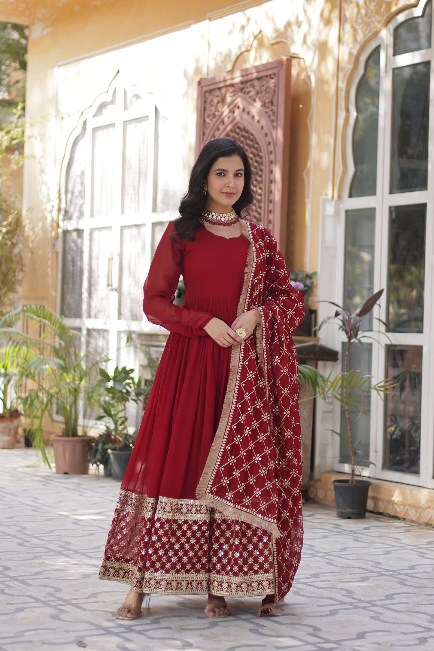 Premium Designer Readymade Gown with Dupatta – Faux Blooming with Zari & Sequins Embroidery