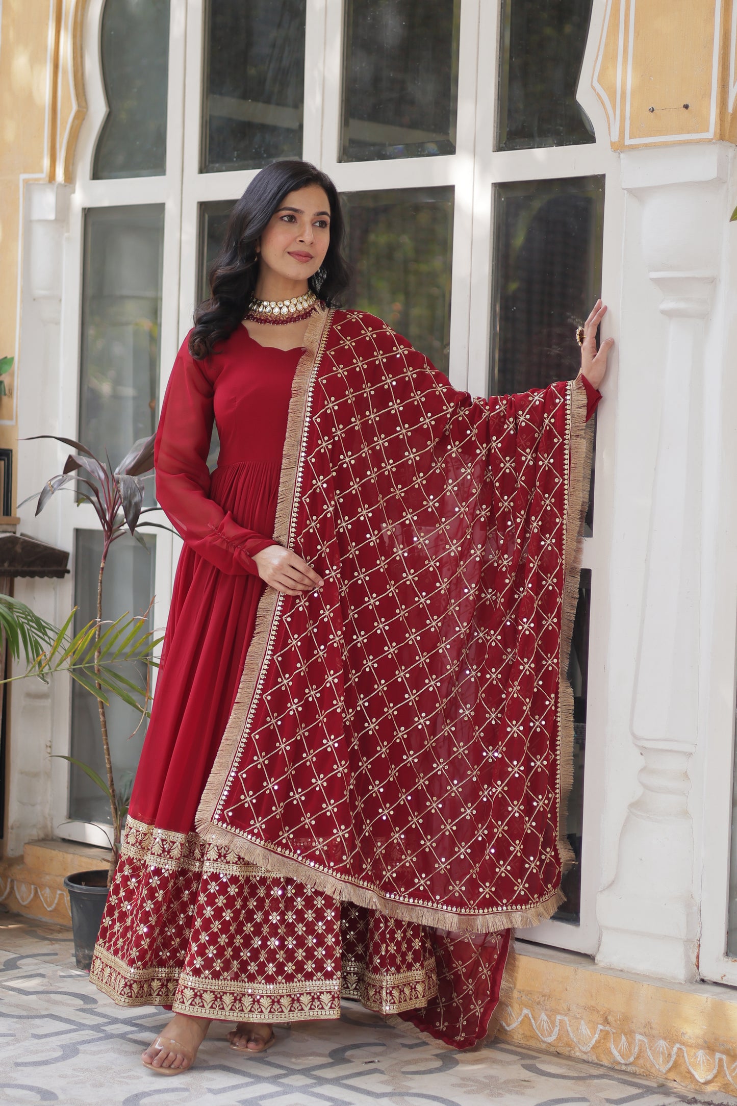 Premium Designer Readymade Gown with Dupatta – Faux Blooming with Zari & Sequins Embroidery