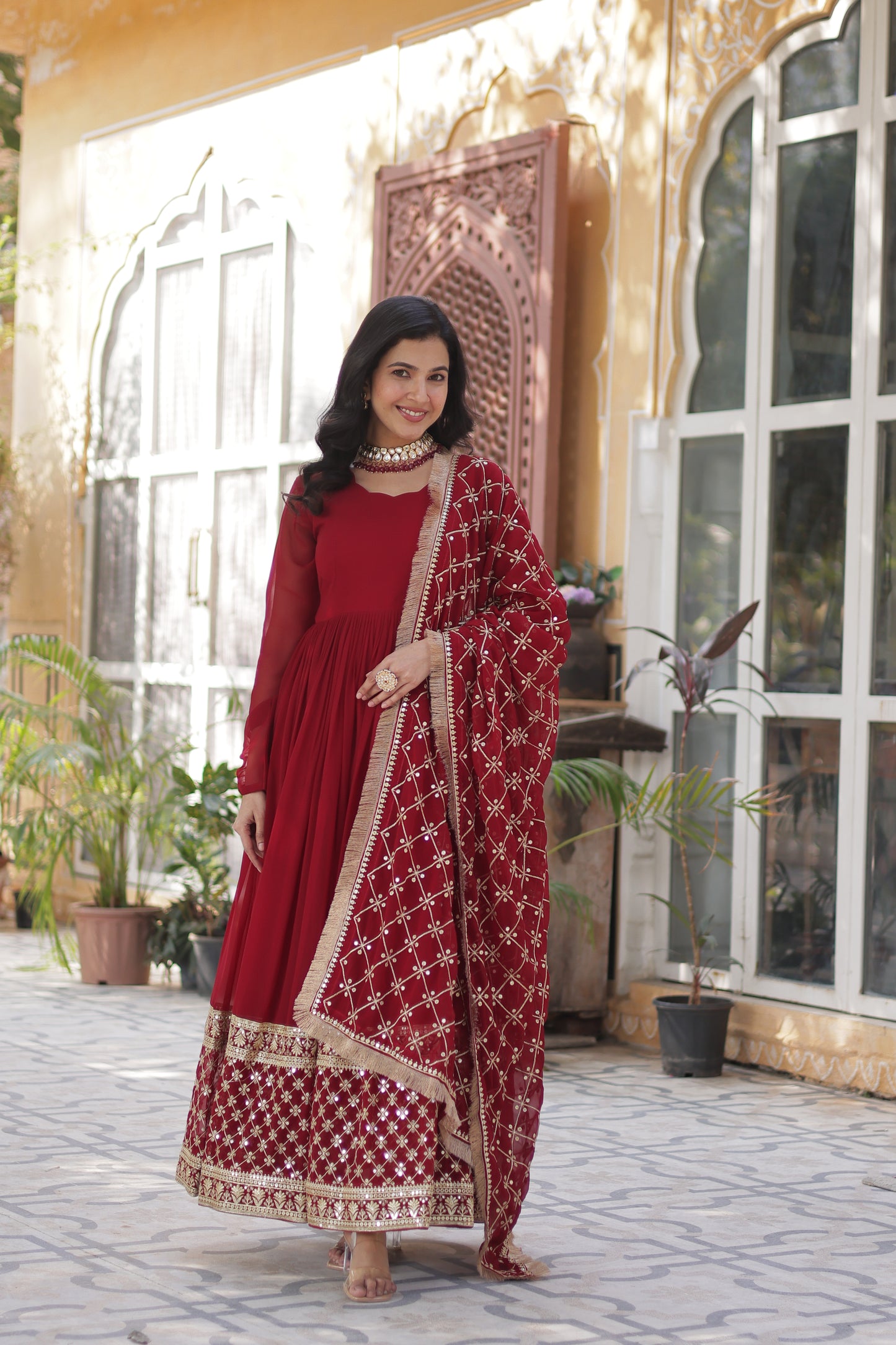 Premium Designer Readymade Gown with Dupatta – Faux Blooming with Zari & Sequins Embroidery