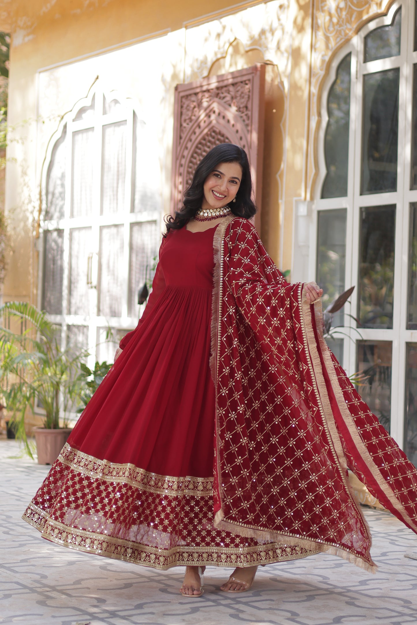 Premium Designer Readymade Gown with Dupatta – Faux Blooming with Zari & Sequins Embroidery