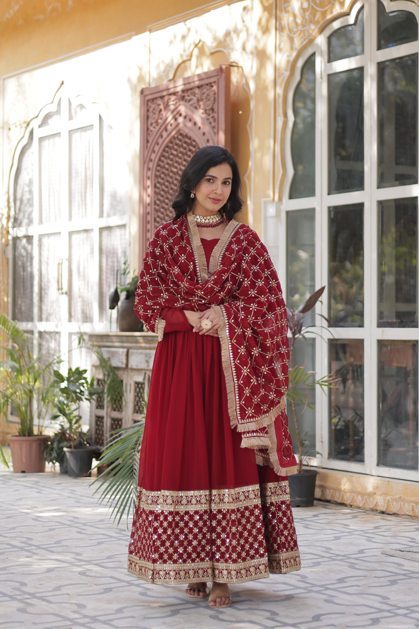 Premium Designer Readymade Gown with Dupatta – Faux Blooming with Zari & Sequins Embroidery