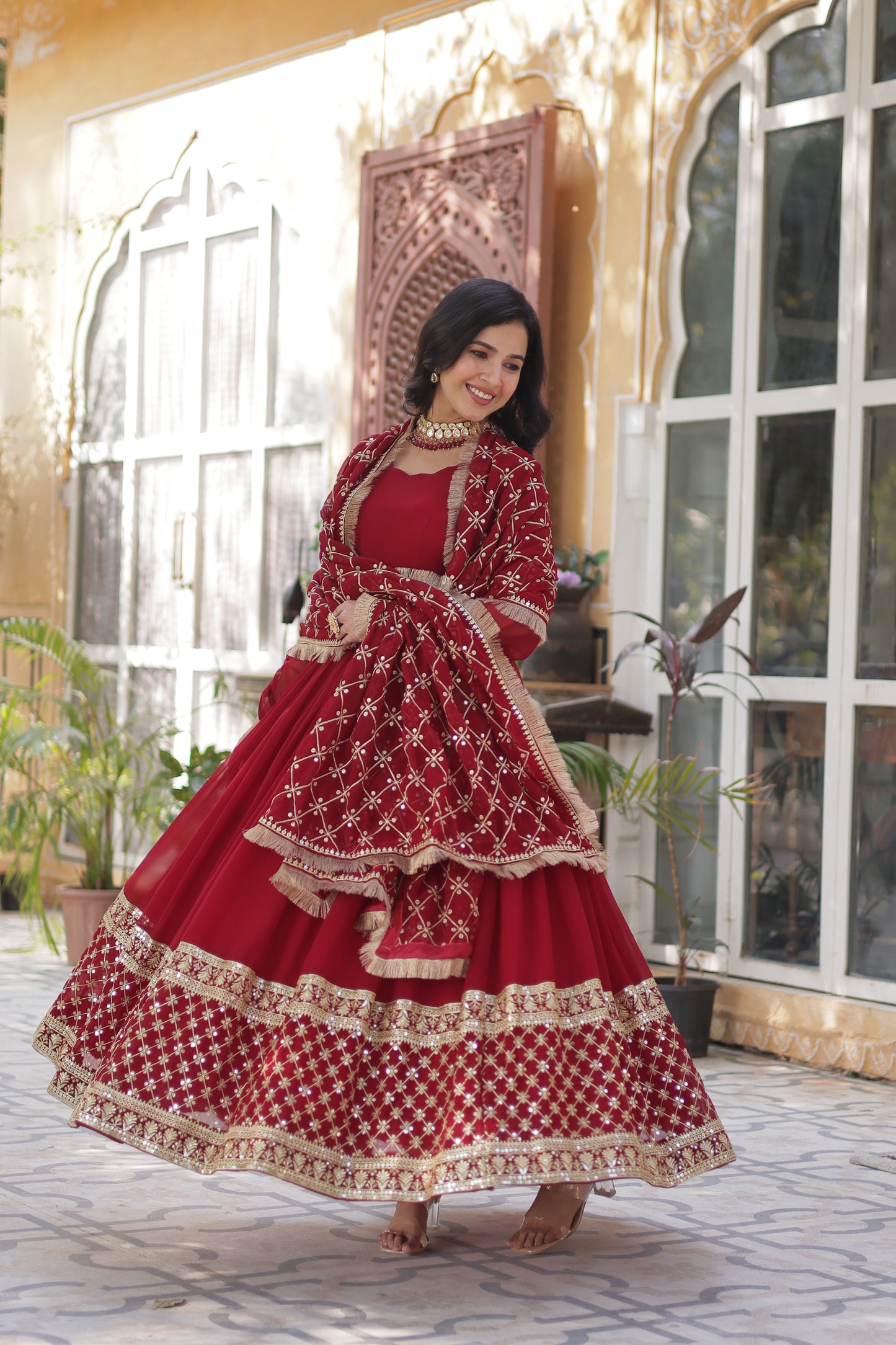 Premium Designer Readymade Gown with Dupatta – Faux Blooming with Zari & Sequins Embroidery