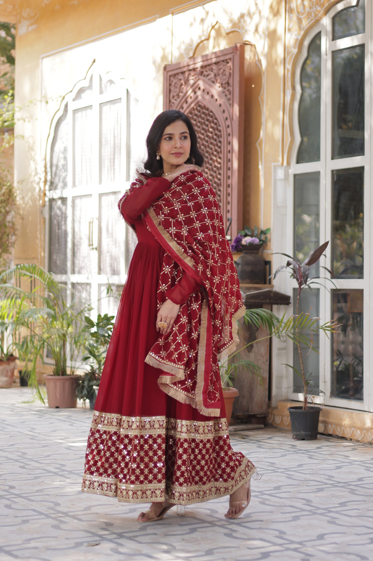 Premium Designer Readymade Gown with Dupatta – Faux Blooming with Zari & Sequins Embroidery