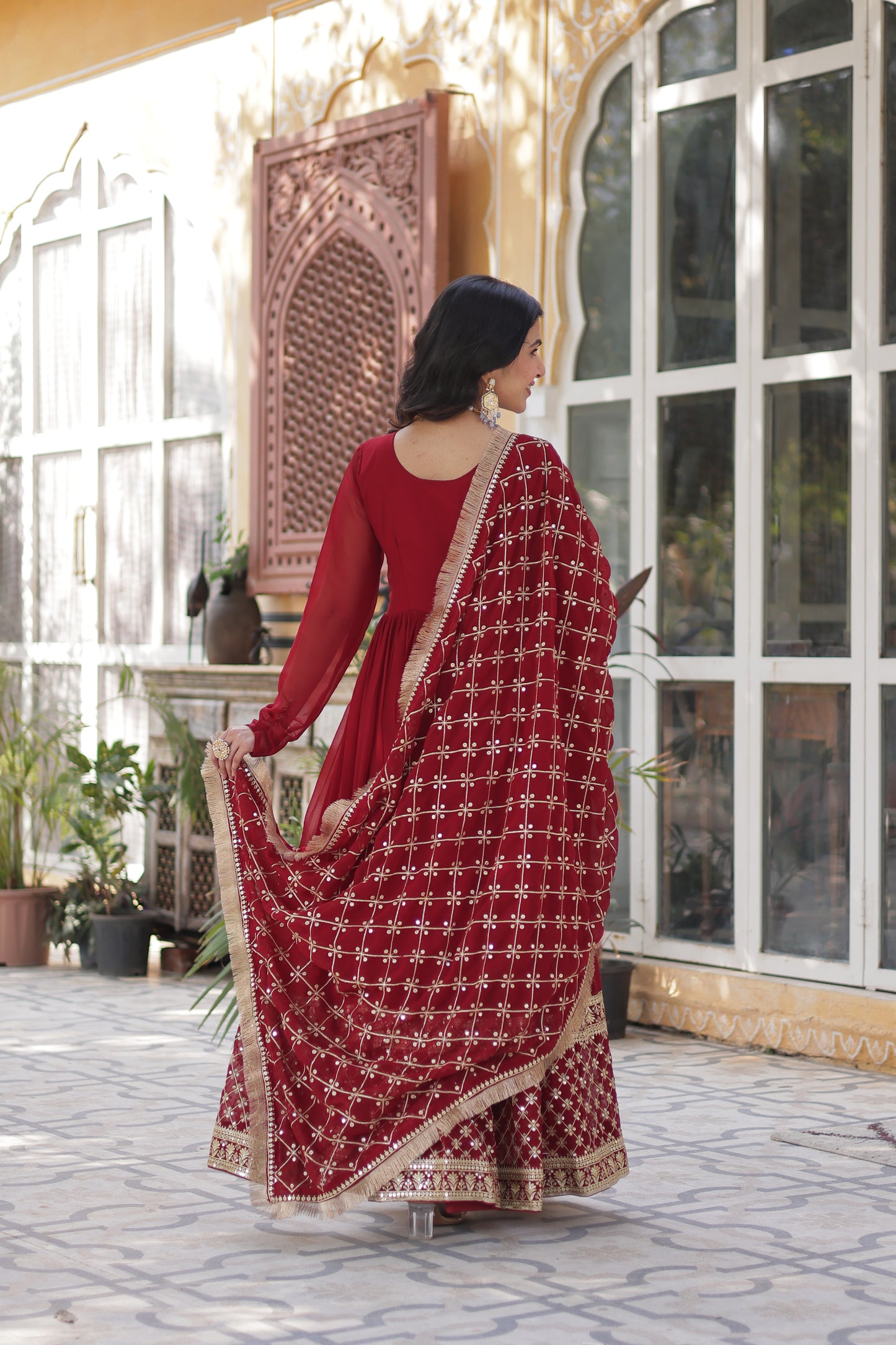 Premium Designer Readymade Gown with Dupatta – Faux Blooming with Zari & Sequins Embroidery