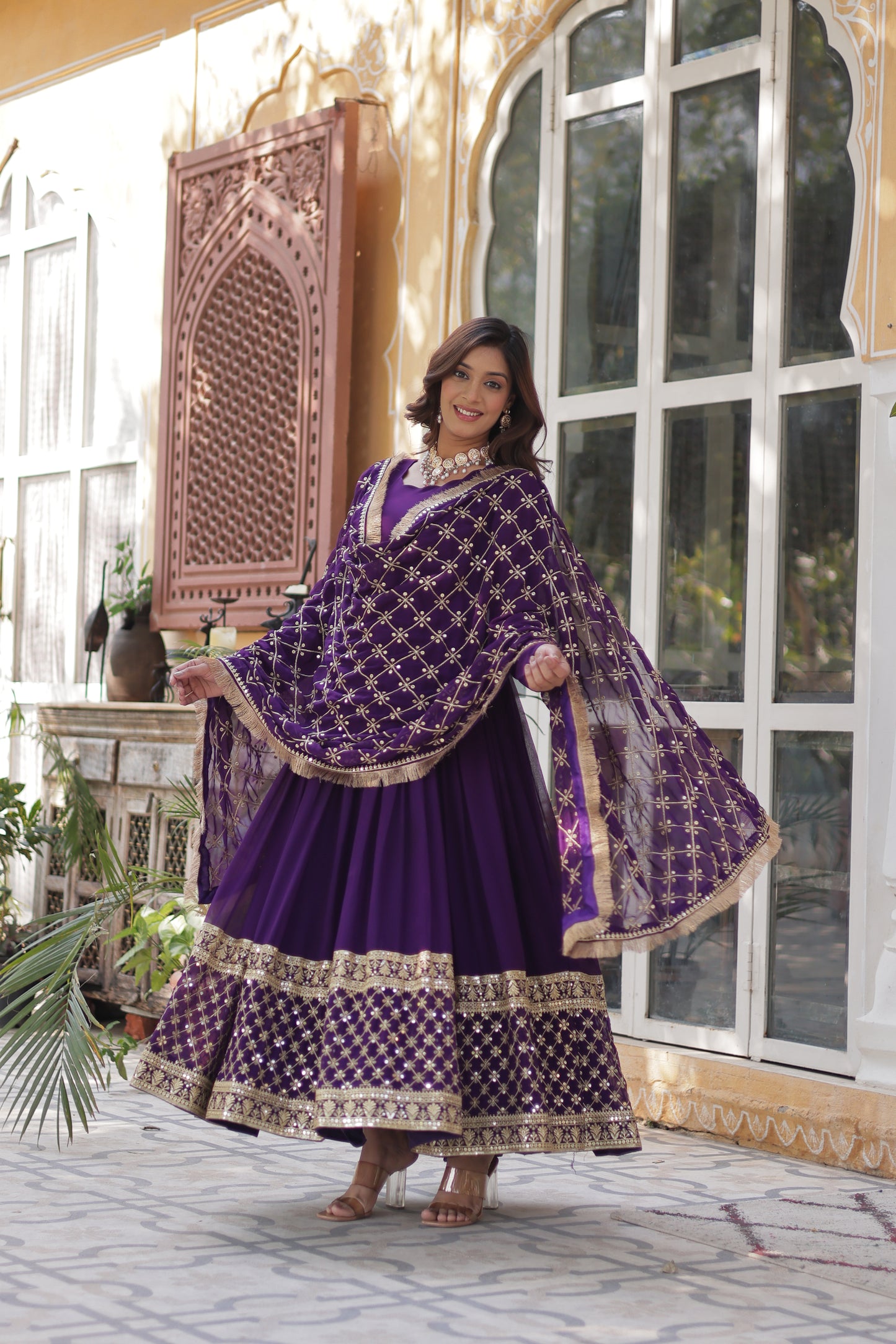 Premium Designer Readymade Gown with Dupatta – Faux Blooming with Zari & Sequins Embroidery