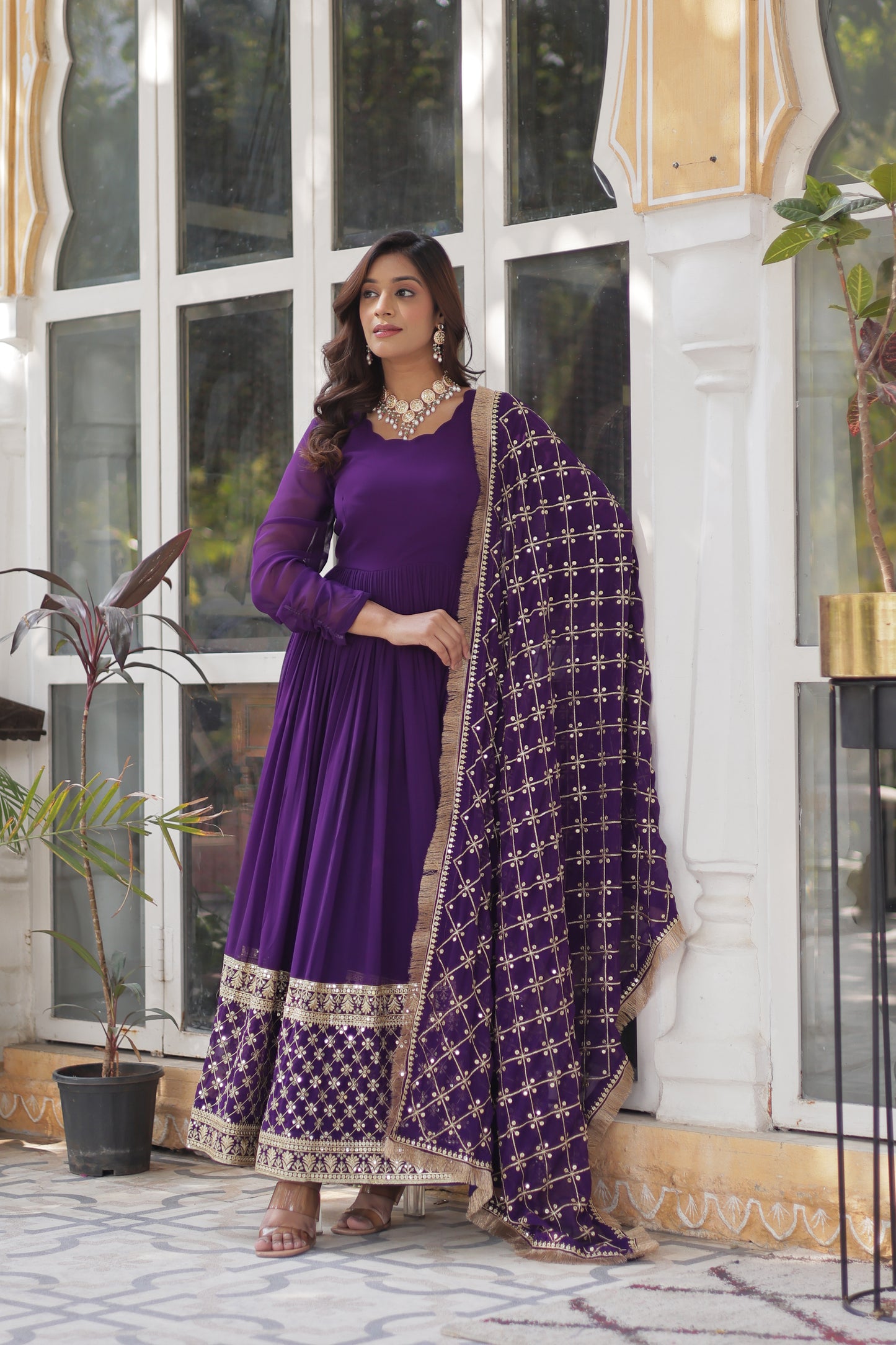 Premium Designer Readymade Gown with Dupatta – Faux Blooming with Zari & Sequins Embroidery