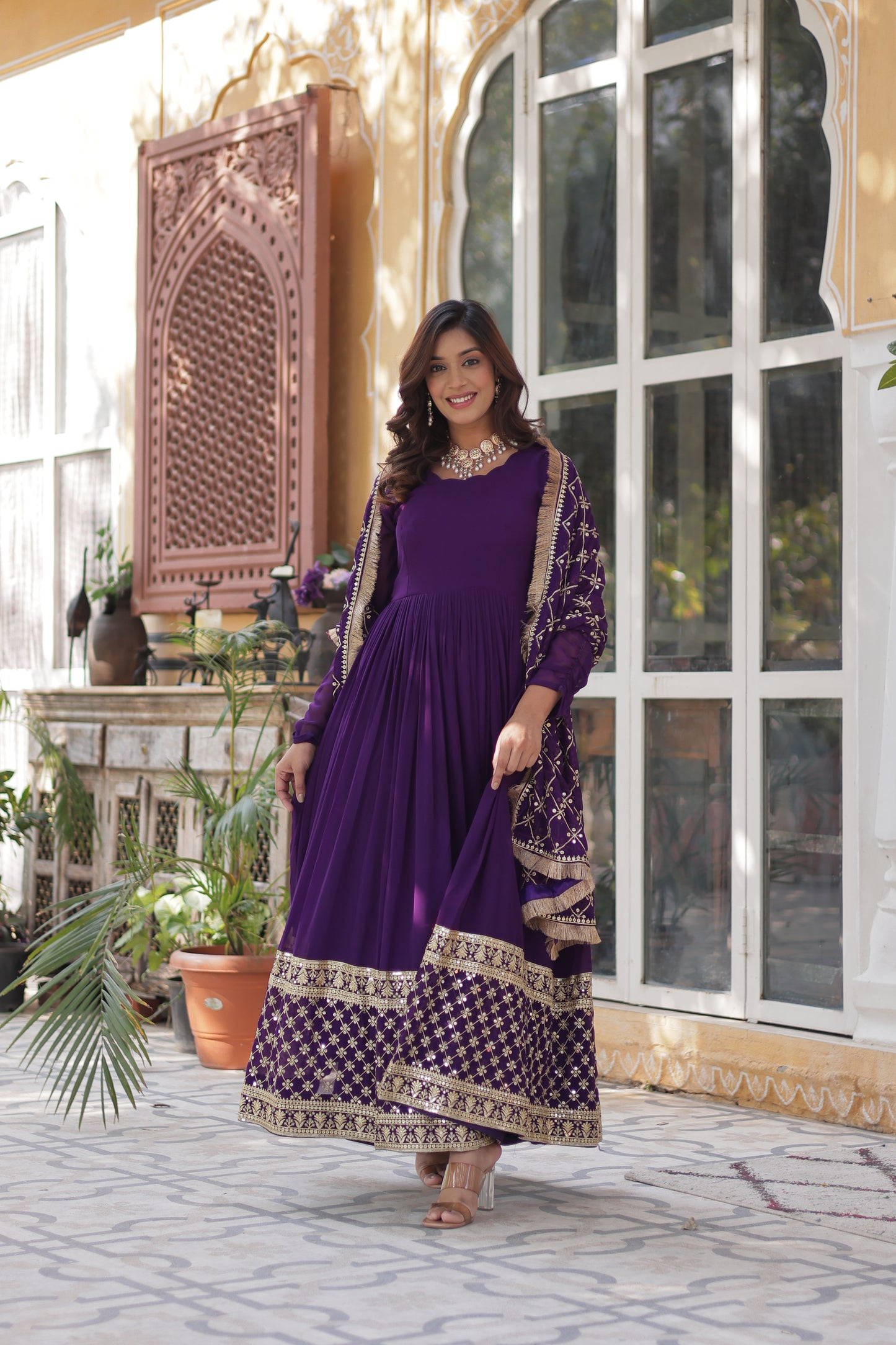 Premium Designer Readymade Gown with Dupatta – Faux Blooming with Zari & Sequins Embroidery