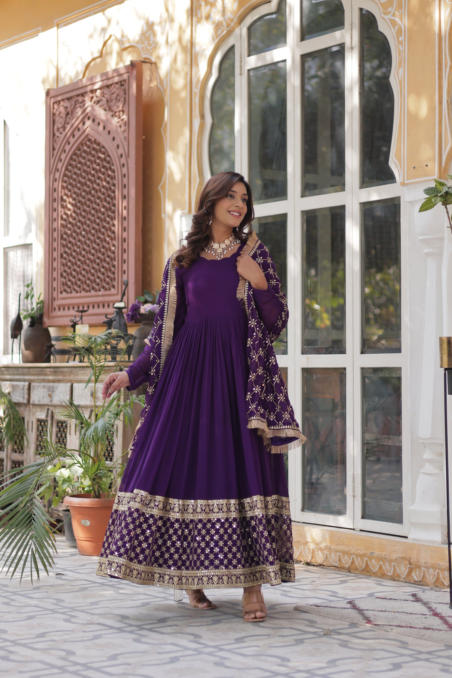 Premium Designer Readymade Gown with Dupatta – Faux Blooming with Zari & Sequins Embroidery