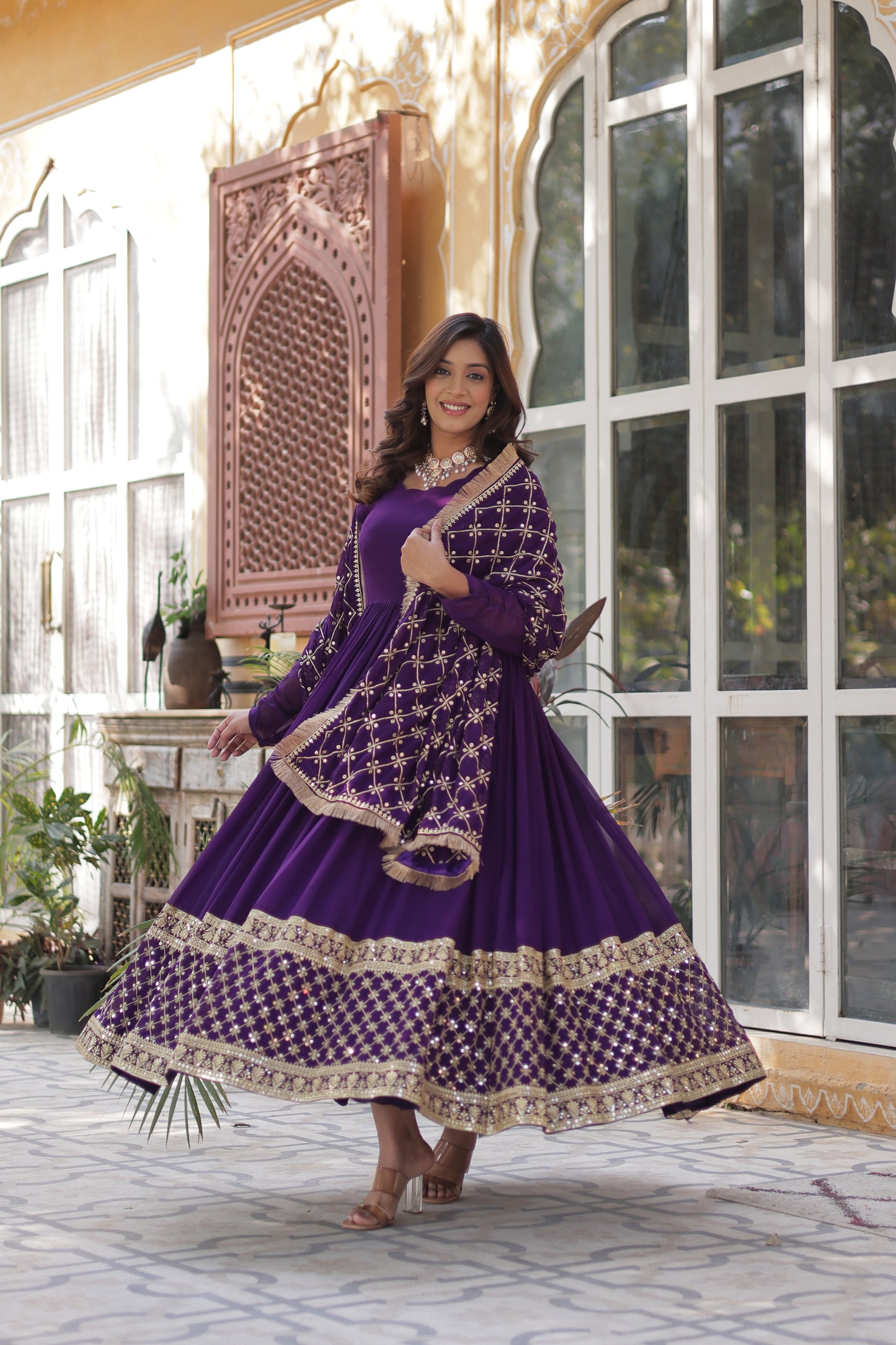 Premium Designer Readymade Gown with Dupatta – Faux Blooming with Zari & Sequins Embroidery