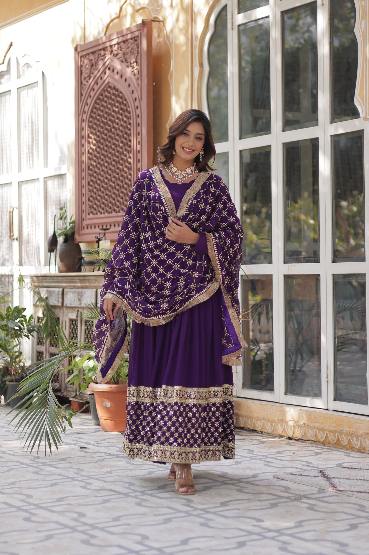 Premium Designer Readymade Gown with Dupatta – Faux Blooming with Zari & Sequins Embroidery