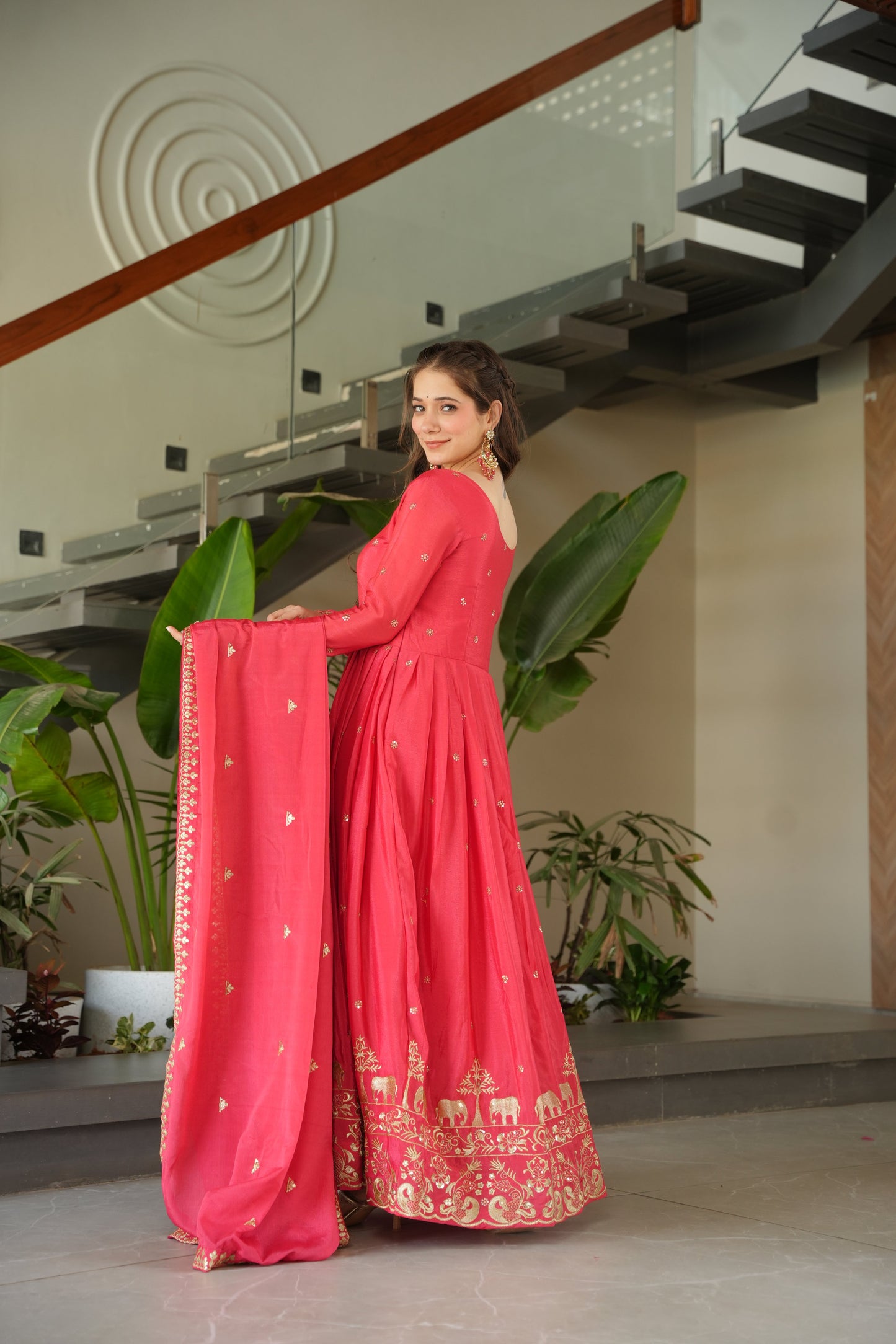 Peach Chinon Embroidered Readymade Gown with Dupatta