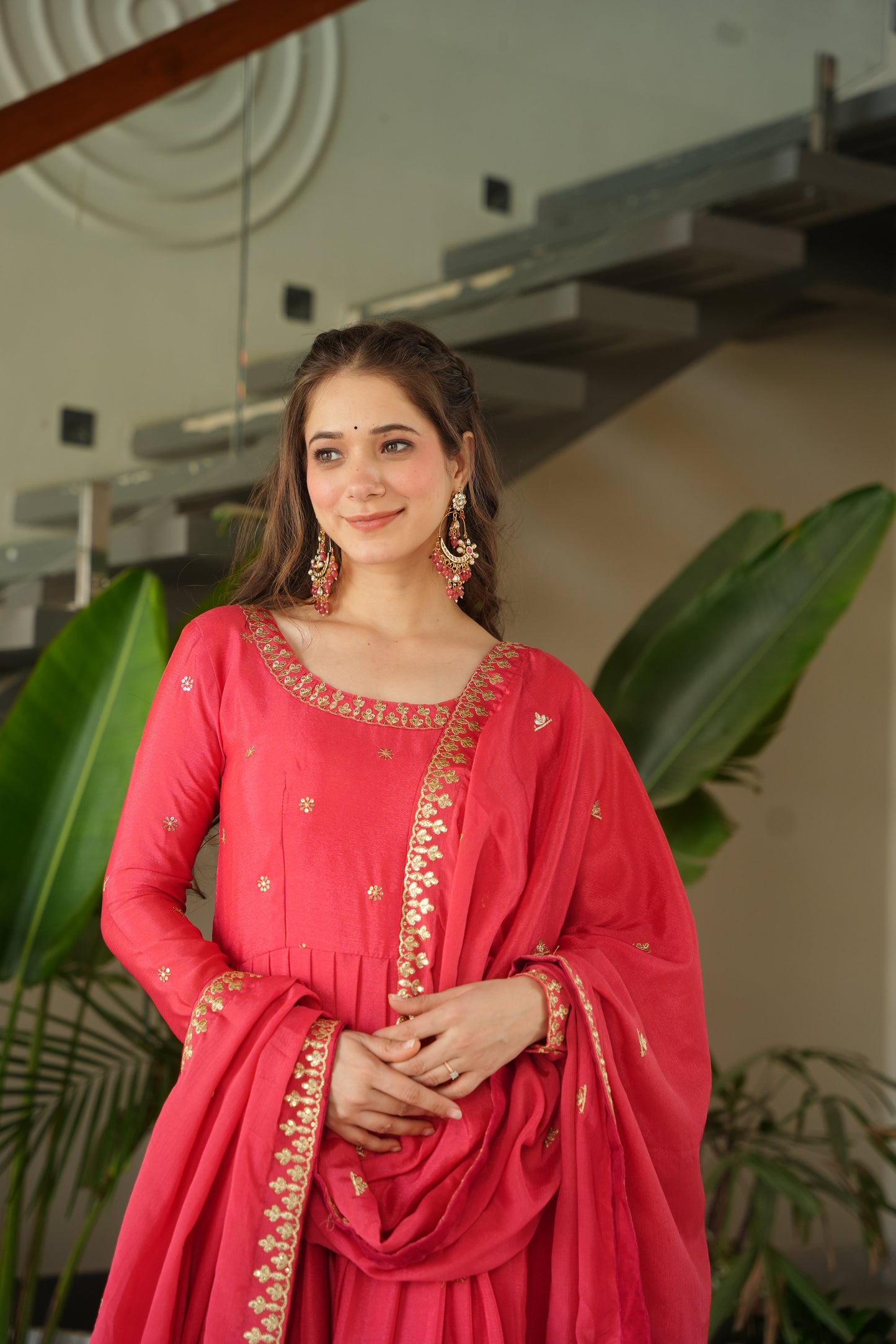 Peach Chinon Embroidered Readymade Gown with Dupatta